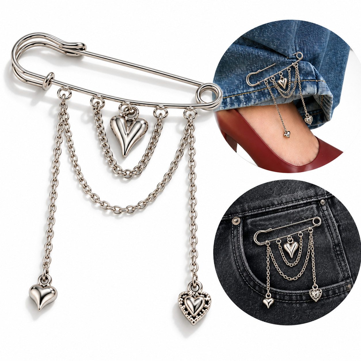 WowWoke Hosenkette Hosenkürzer Clip mit Kette, Bein und Knöchelkette mit Nieten, (Set, 1-tlg., Fußkette mit Kette, Fransen und Nieten – stylisches Accessoire), Broschenkette mit Fransen für Blazer Jacke Damen Anstecker