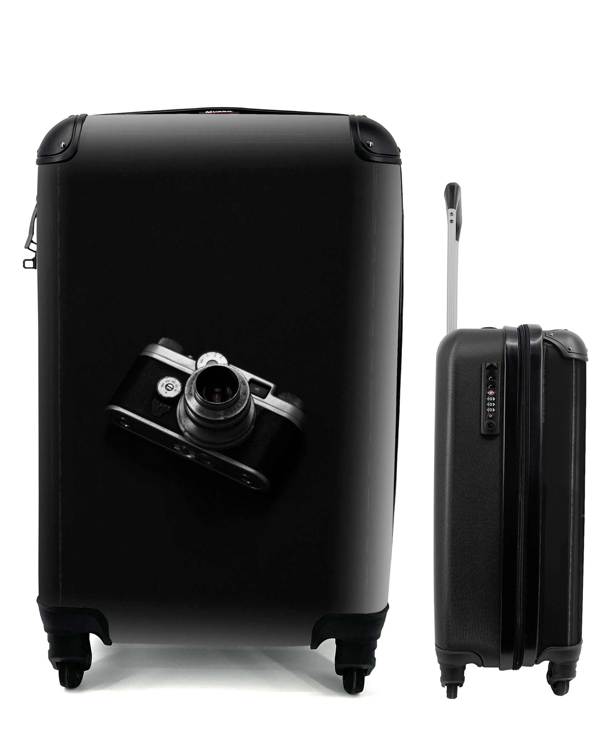MuchoWow Handgepäckkoffer Schwarz - Kamera - Design - Weiß, 4 Rollen, Reisetasche mit rollen, Handgepäck für Ferien, Trolley, Reisekoffer