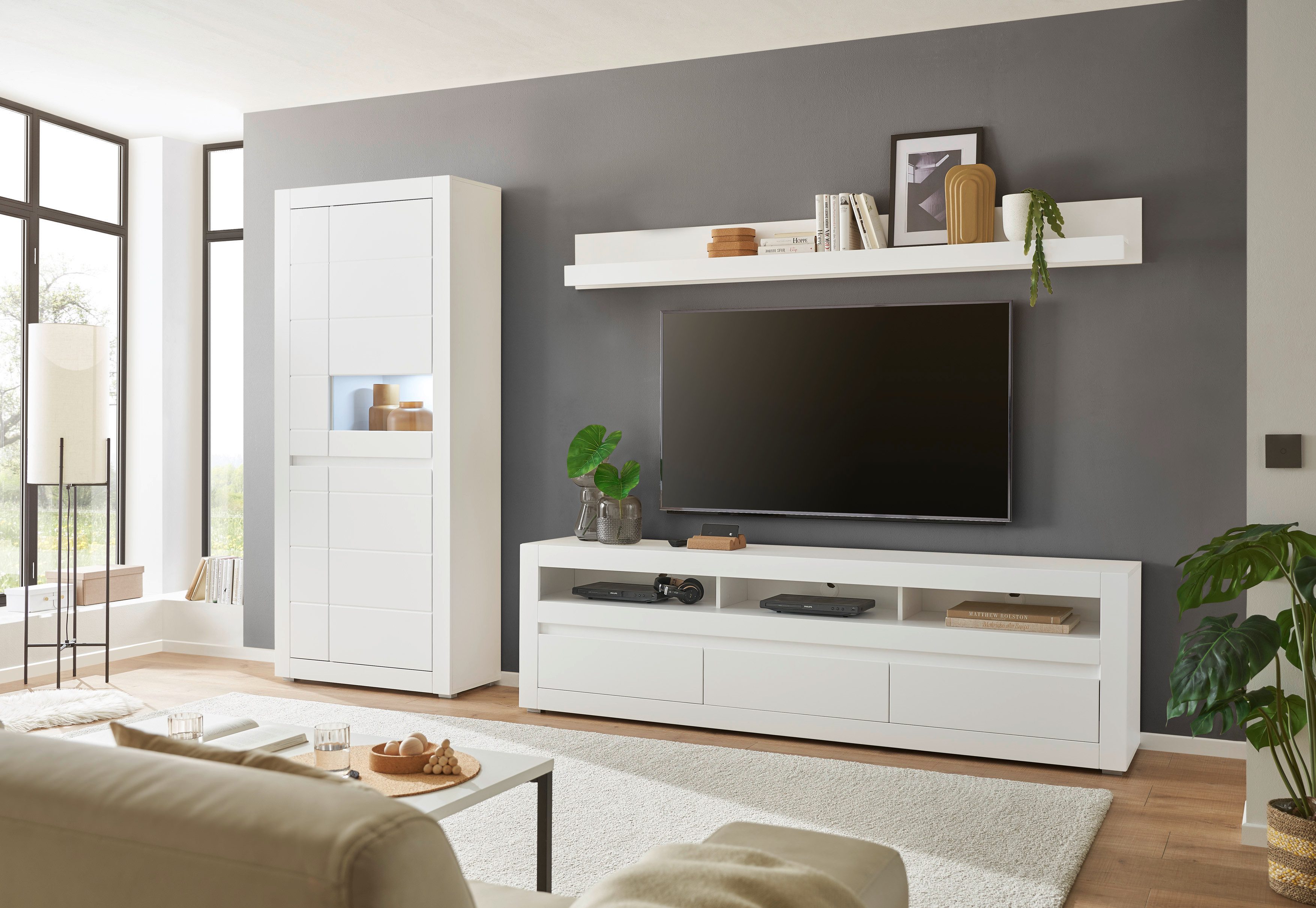 Home affaire Wohnwand Anbauwand in Weiß Matt, Wohnzimmer-Set mit austauschbarer Blende, (Set, 3-St), enthält Vitrine, Lowboard, Wandboard, zeitloses Design, 312 cm breit