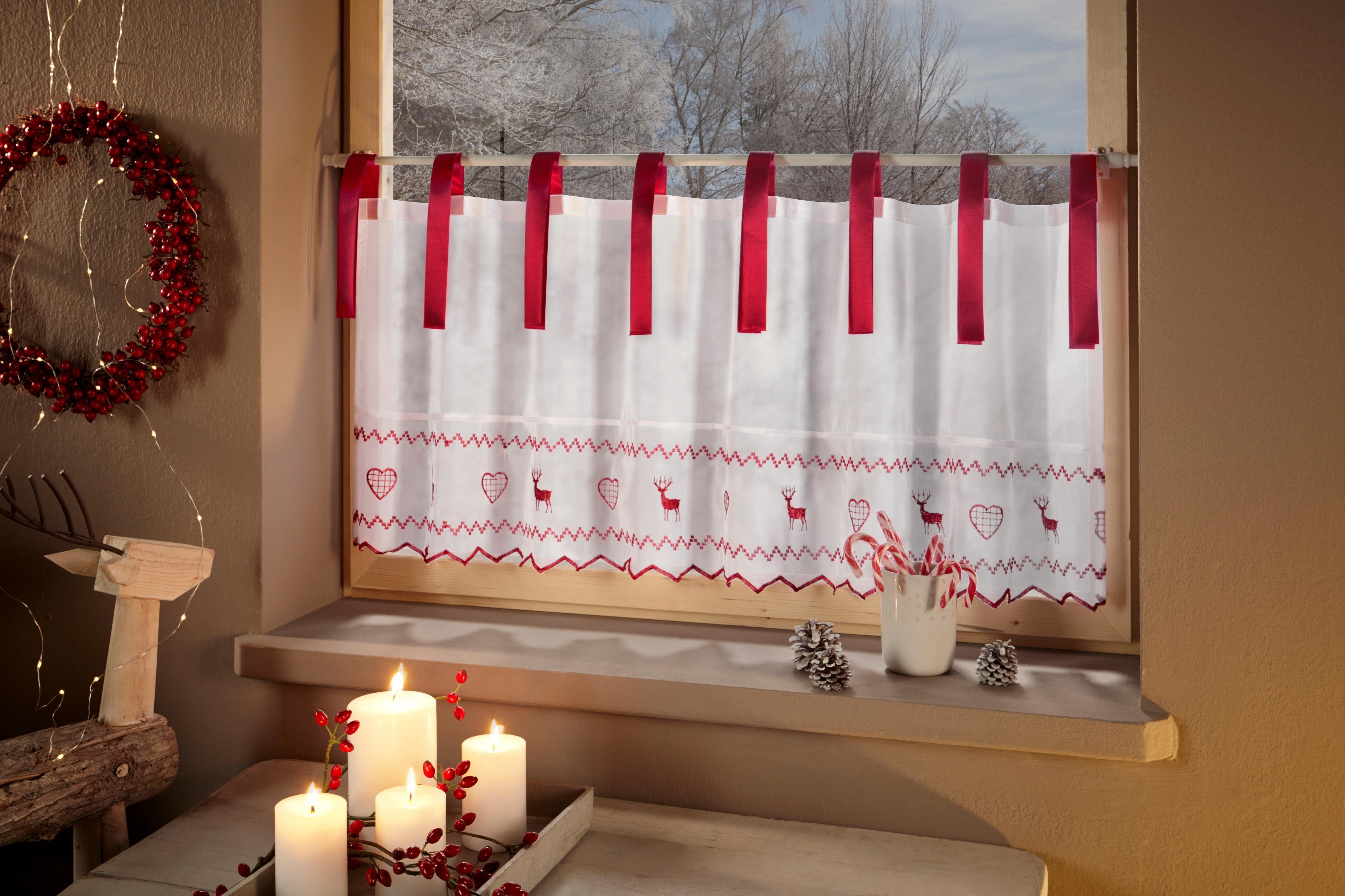 Motiven transparent, Heart-Elk, Scheibengardine bestickt, mit affaire, (1 Bindebänder St), transparent, Voile, rot Voile Weihnachttlichen Home