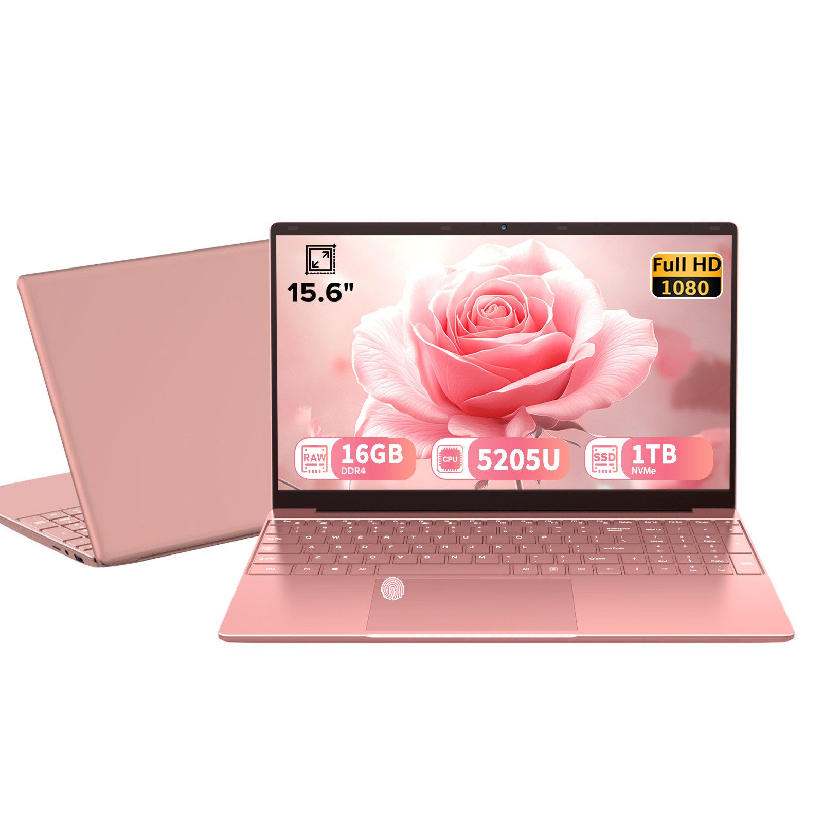 Molegar 15,6-Zoll Laptop für Studenten, Hintergrundbeleuchtete Tastatur Notebook (39,6 cm/15.6 Zoll, Intel Celeron 5205U, Intel® UHD Graphics, 16 GB, 1024 GB SSD, Fingerabdruckleser, 180° Scharnier, 6000mAh lange Akkulaufzeit)