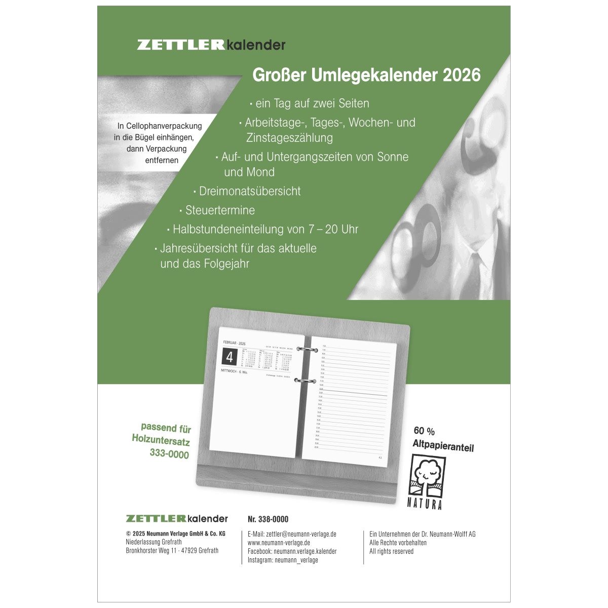 ZETTLER Schreibtischkalender Umlegekalender 338 1 Tag/2 Seiten 10,5x14,2cm 2026