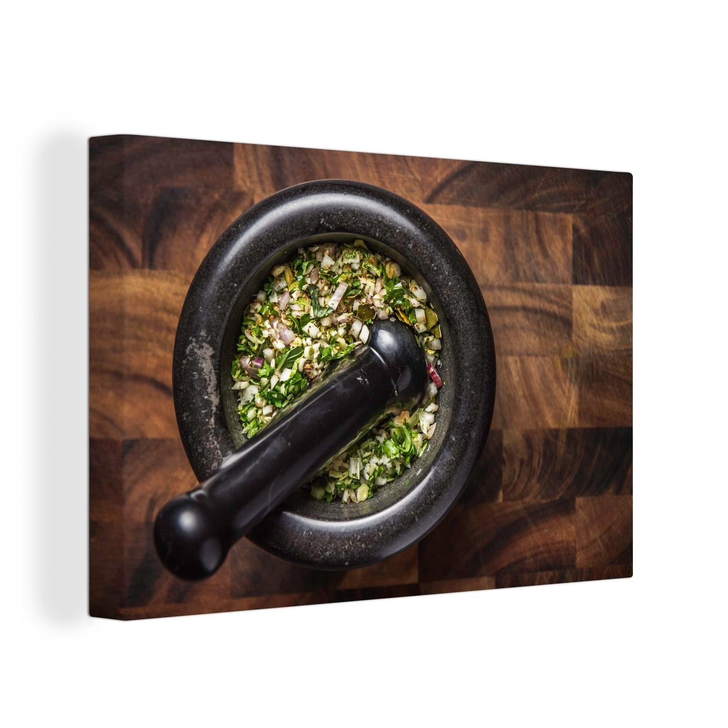 OneMillionCanvasses® Leinwandbild Das grüne Curry in einem Mörser, (1 St), Wandbild Leinwandbilder, Aufhängefertig, Wanddeko, 30x20 cm