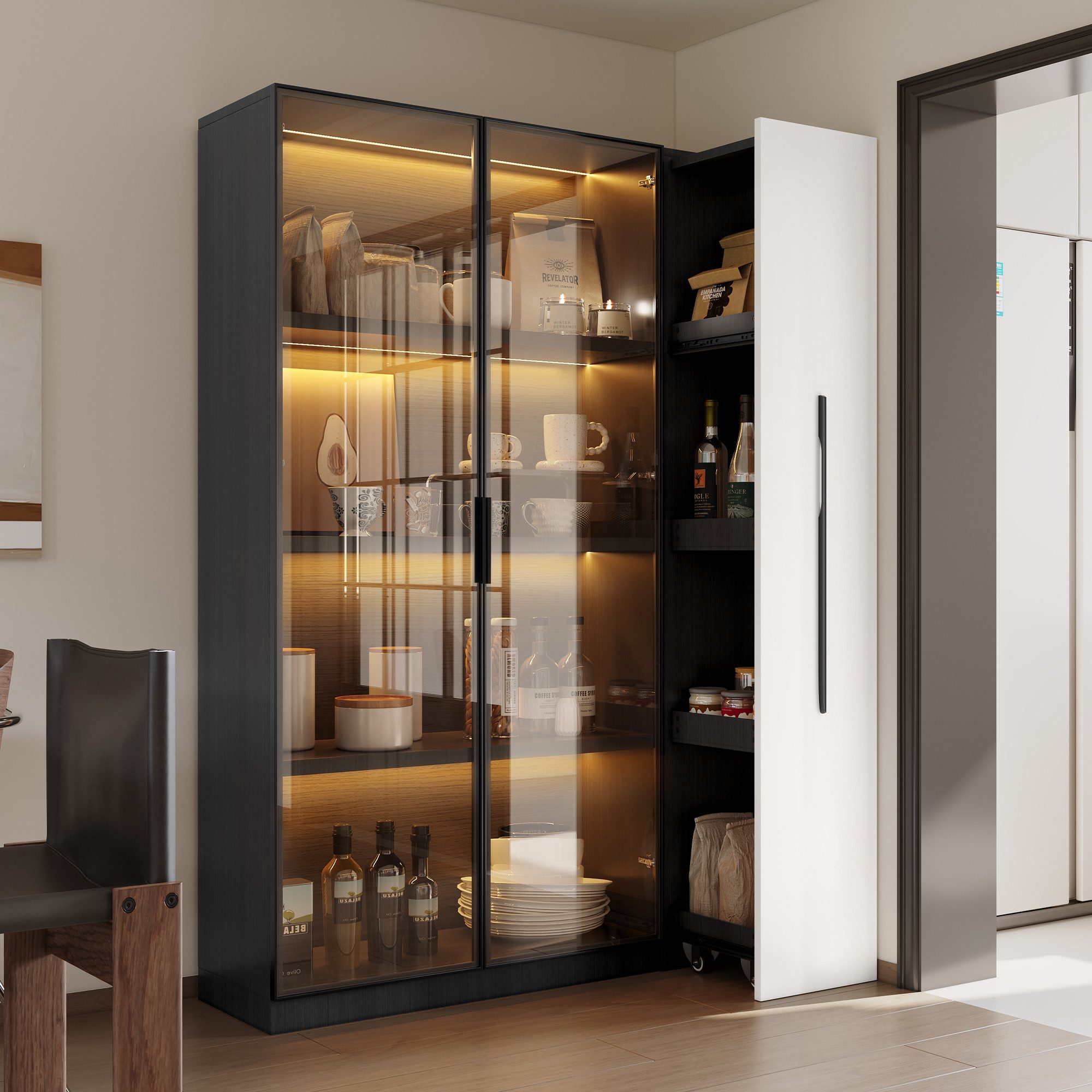 REDOM Vitrine 2-in-1 Schrank mit LED-Beleuchtung (Badezimmerschrä,Esszimmerschrank, 1-St., 160 cm hoch) mit Glastür und LED, Seitenauszug