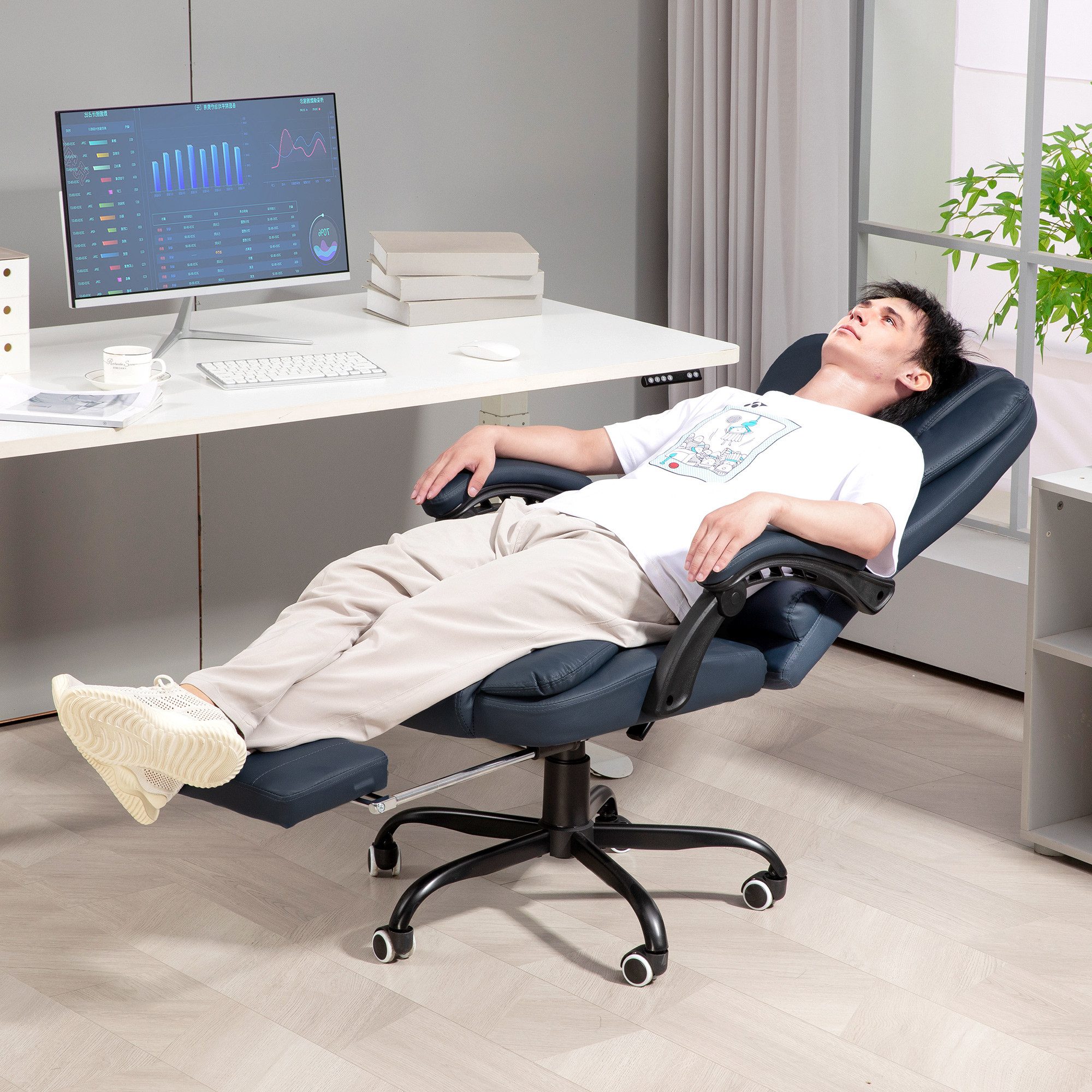 Vinsetto Schreibtischstuhl Bürostuhl mit Massagefunktion, Liege- & Wärmefunktion, Fußstütze (Bürostuhl, 1 St), 120 kg belastbar, für Arbeitszimmer, Büro, Blau