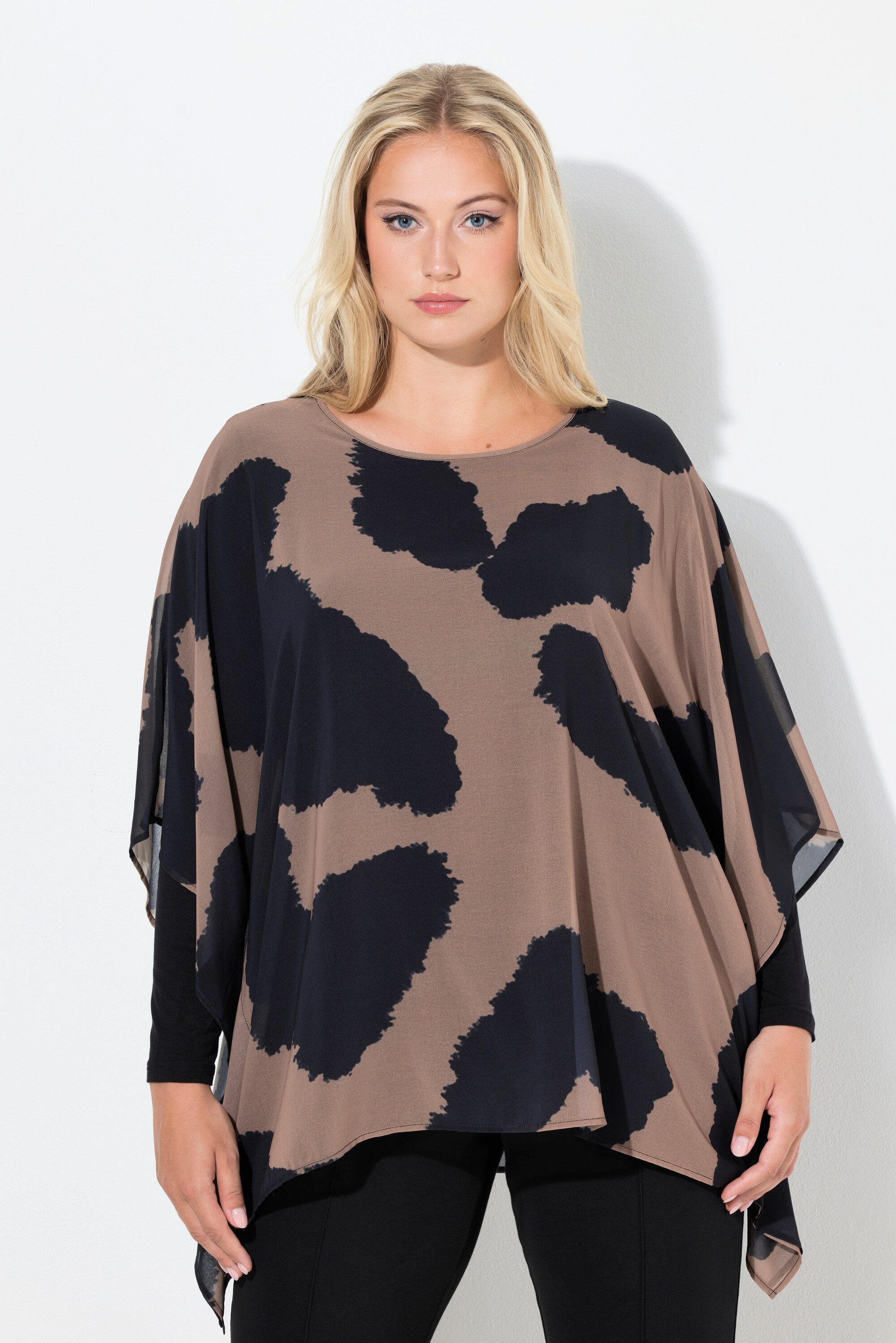 Ulla Popken Tunika Tunika Leomuster doppellagig Rundhals 3/4-Arm