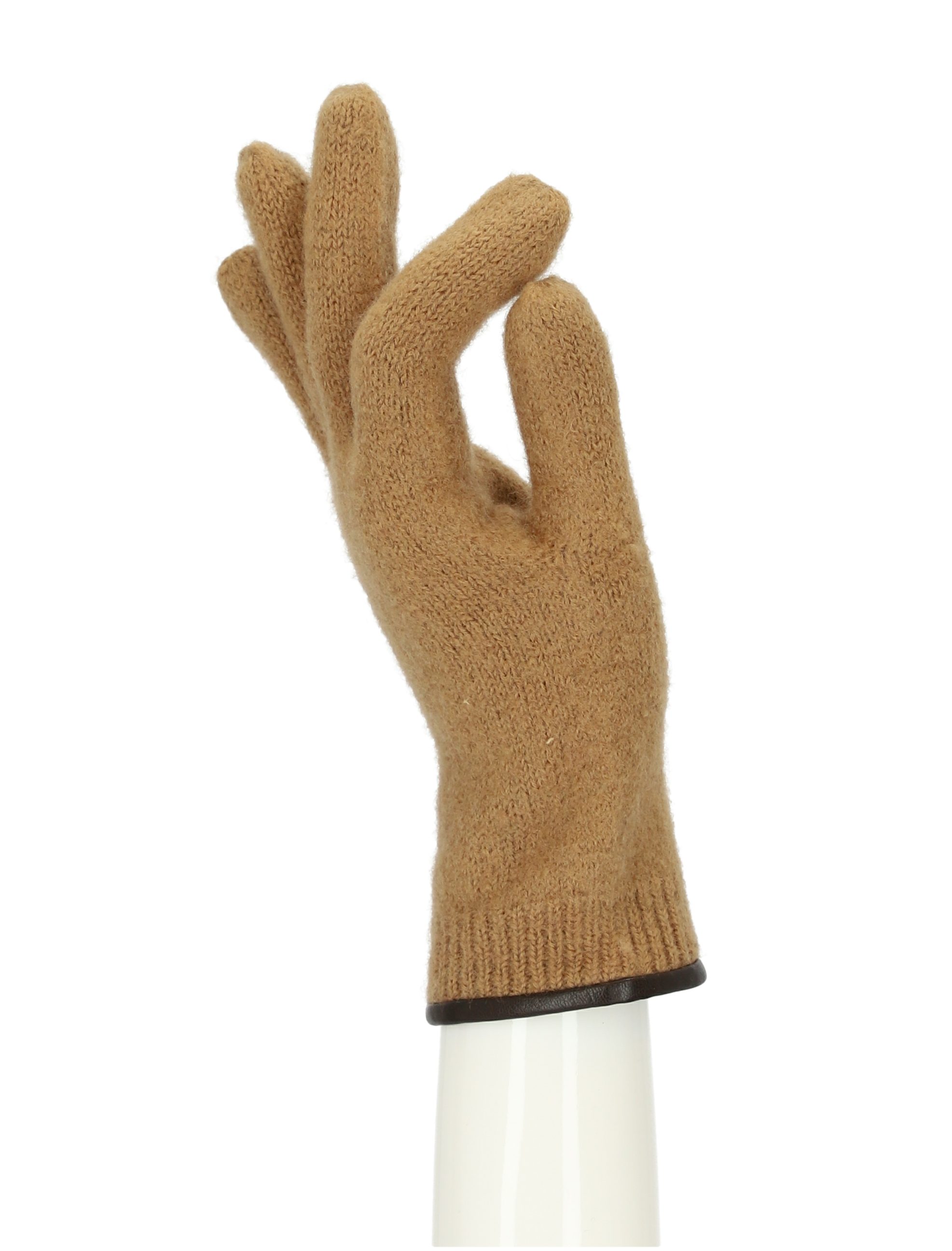 halsüberkopf Accessoires Strickhandschuhe Strickhandschuh Handschuh aus gewalkter Wolle mit Lederkante camel