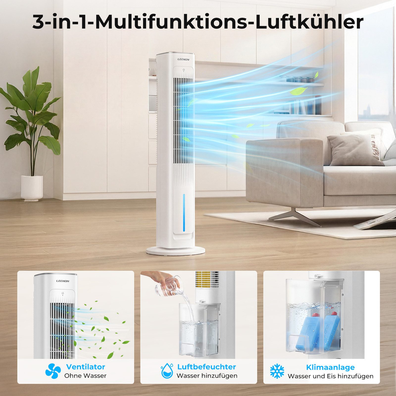 LEENON Turmventilator mit Wasserkühlung,Befeuchter&Aroma-Diffusor,leise,60° Oszillation, Luftkühler mit Timer & Fernbedienung,LED-Display,weiß,3 Lüftungs-Modi