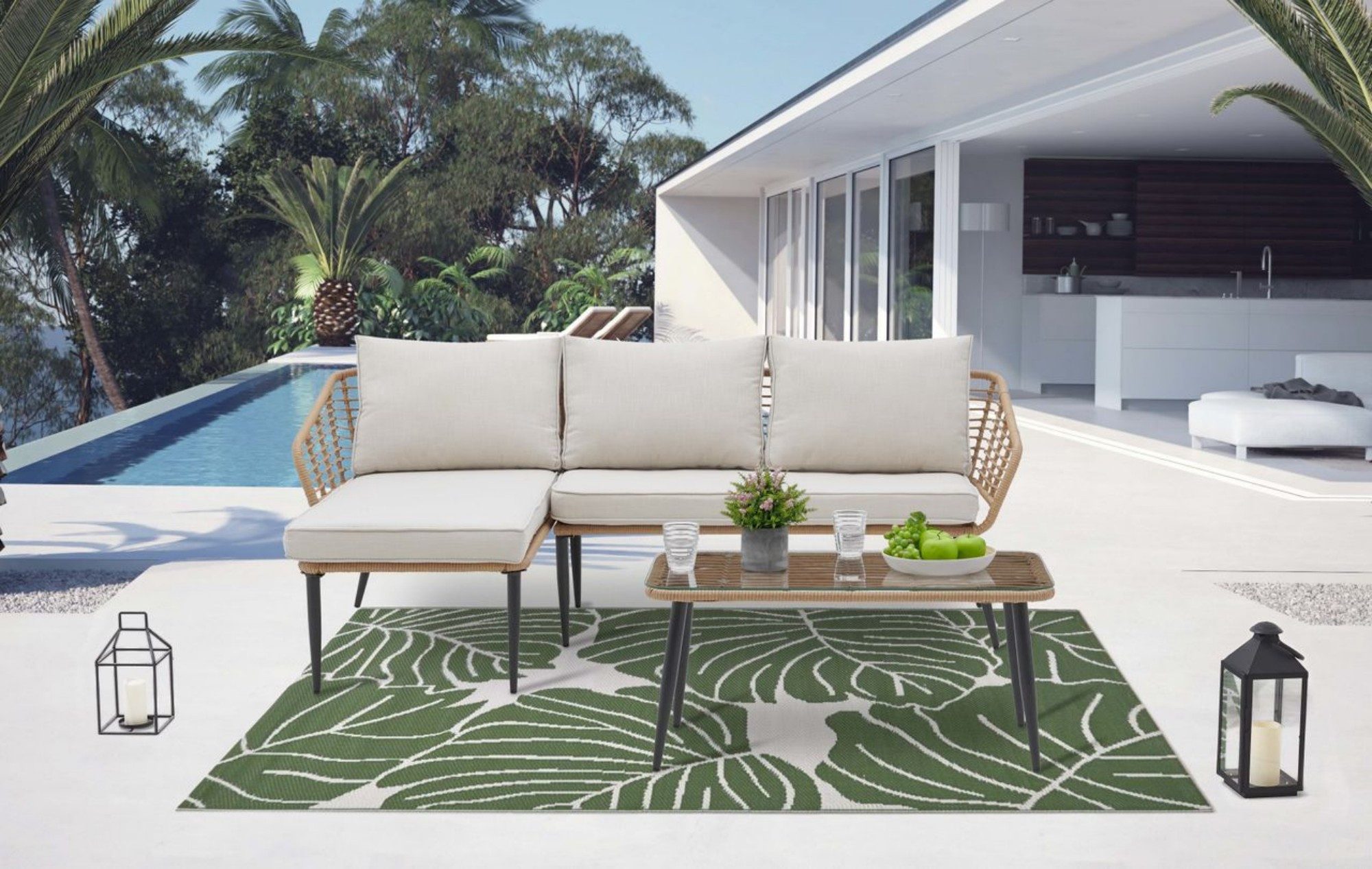 Happy Home Gartensofa Eck-Loungeset 8tlg. helles Rattan mit Sitzkissen in beige