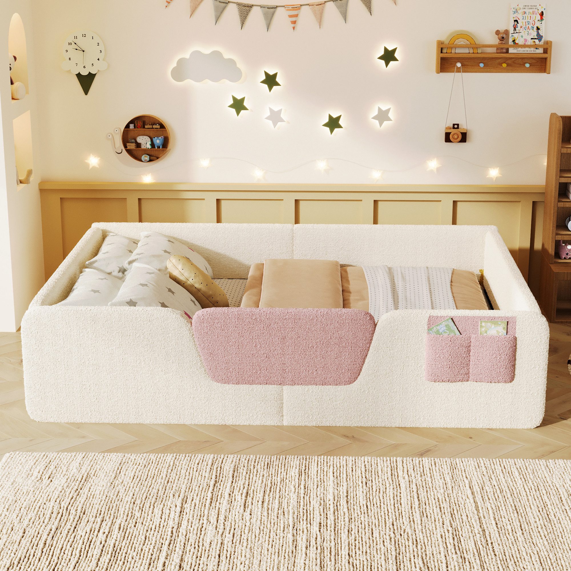Merax Polsterbett 140x190cm mit abnehmbarer Sicherheitsleiste (Jugendbett Babybett Einzelbett, 1-tlg), Bodenbett Kinderbett mit Aufbewahrungstasche & Lattenrost – Bild 4 von 5