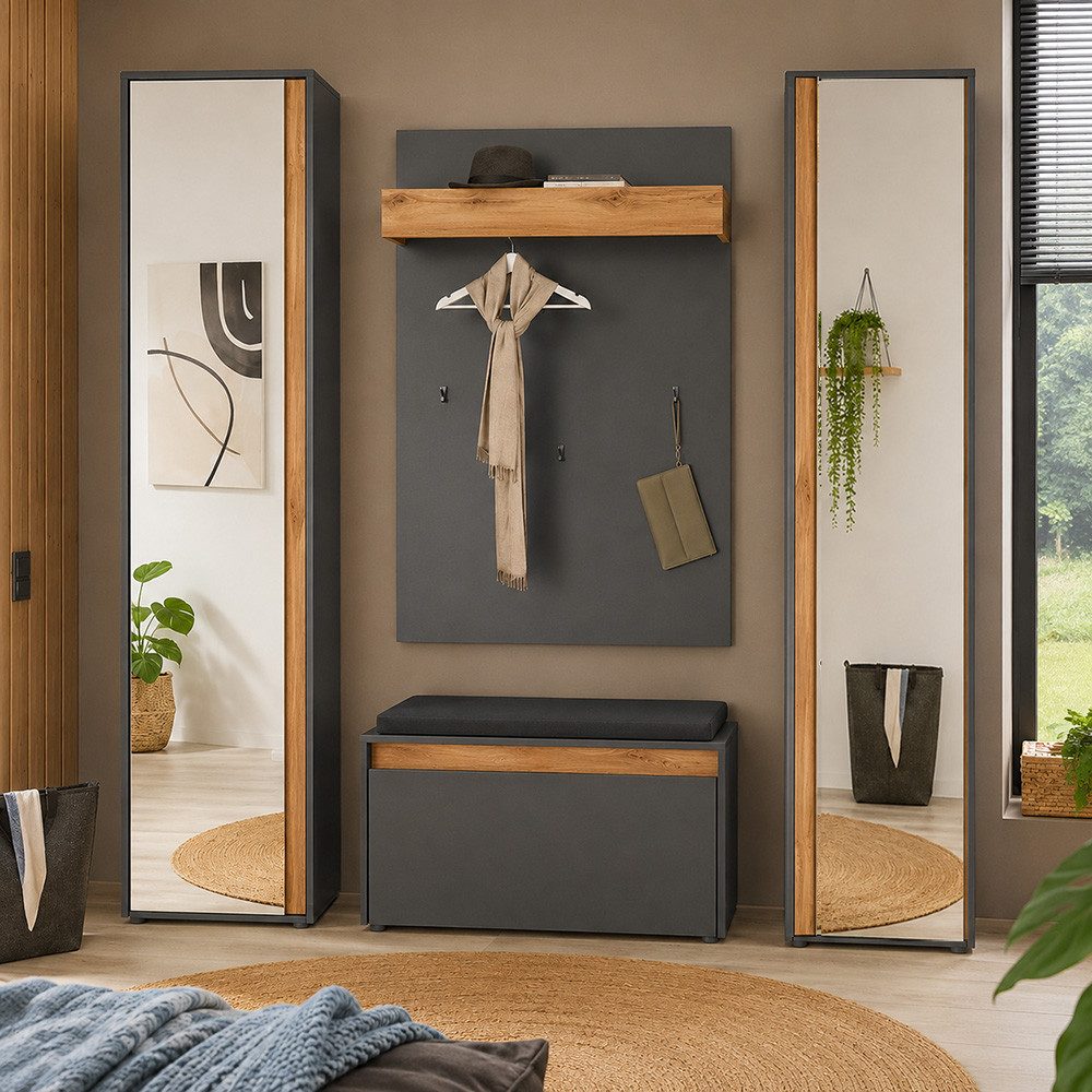Lomadox Garderoben-Set CRISP-61, (Spar-Set, 4-St., Garderobenpaneel Schuhbank Garderobenschränke), Anthrazit mit Eiche, griffloses Design, Spiegelfläche