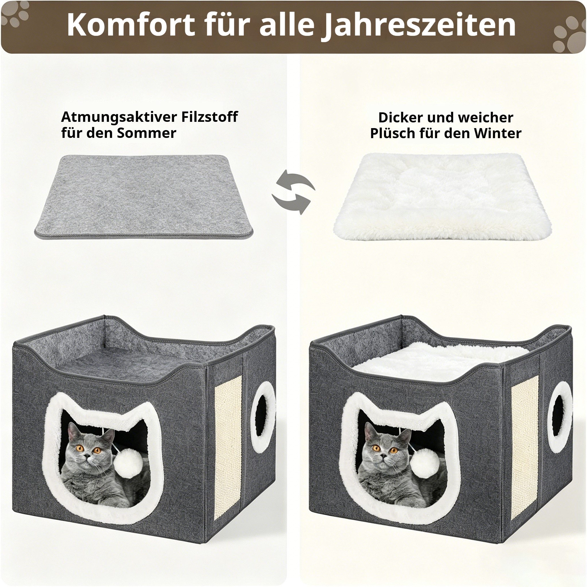 BlingBin Katzenzelt Faltbares 2-Ebenen Katzenhaus mit Kratzbrett und Spielball, große Haustierhöhle für Katzen und Hunde drinnen & draußen
