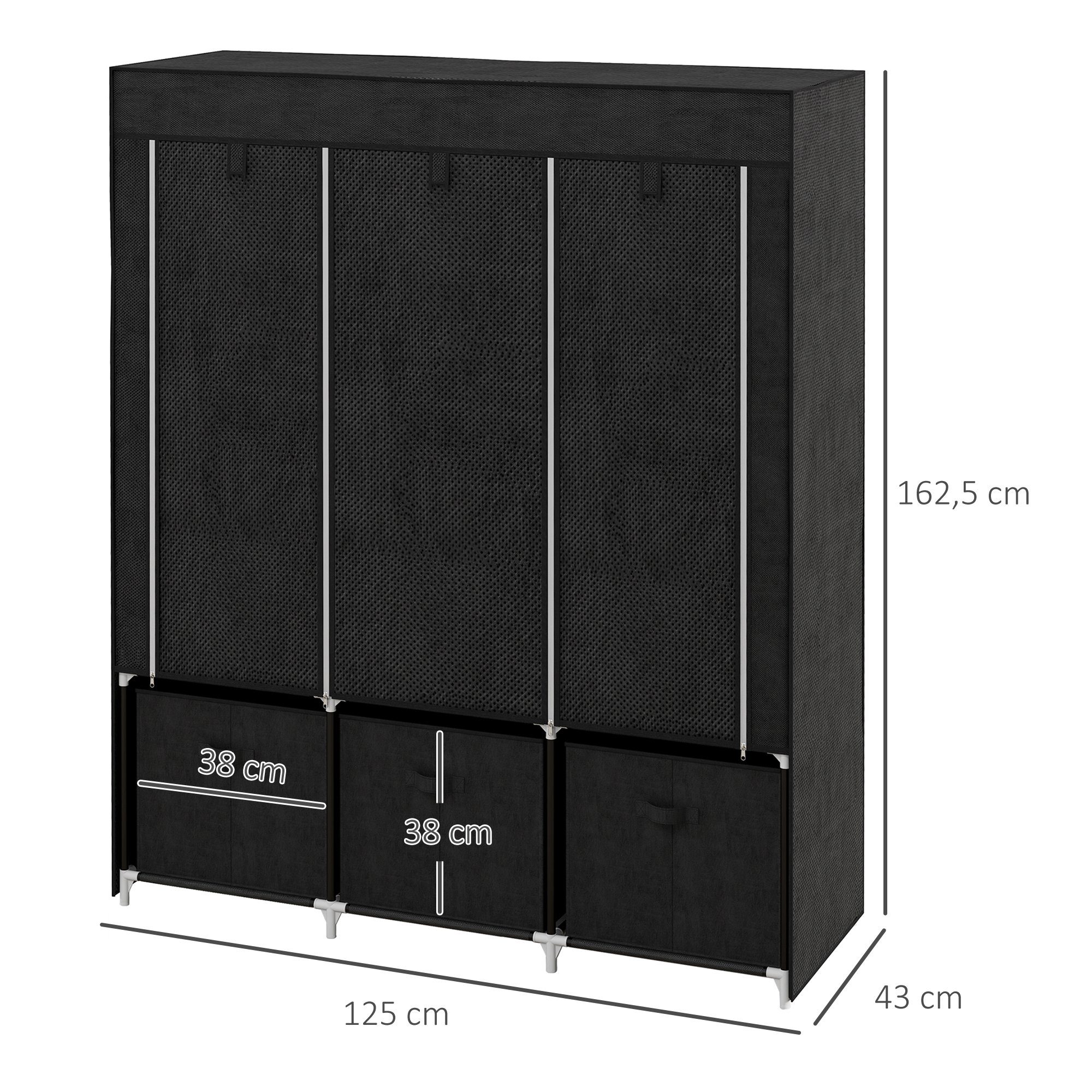 HOMCOM Stoffschrank Kleiderschrank mit Kleiderstangen und Schubladen (Faltbare Garderobe, 1-St., Faltschrank) Schwarz, 125 x 43 x 162,5 cm