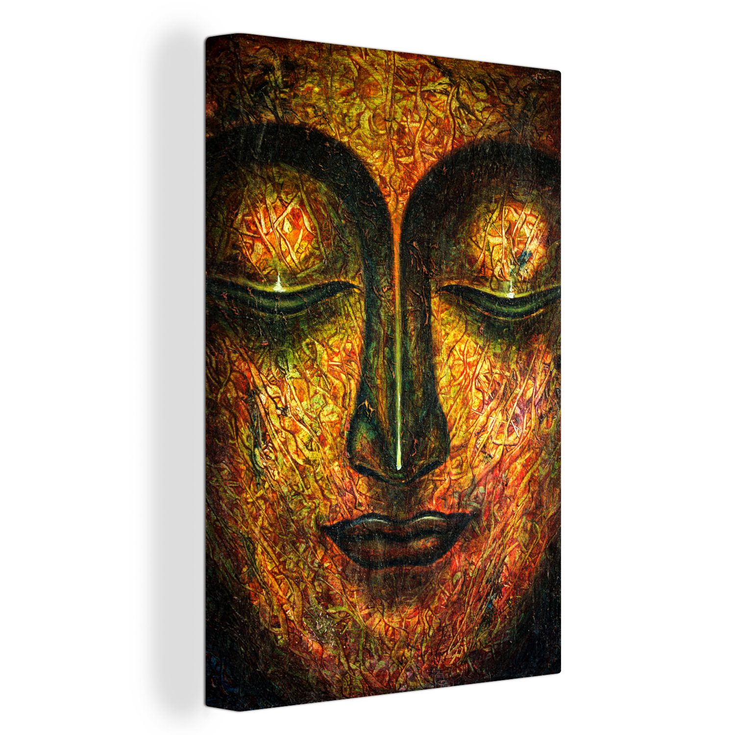 OneMillionCanvasses® Leinwandbild Buddha - Gesicht - Orange, (1 St), Leinwandbild fertig bespannt inkl. Zackenaufhänger, Gemälde, 20x30 cm