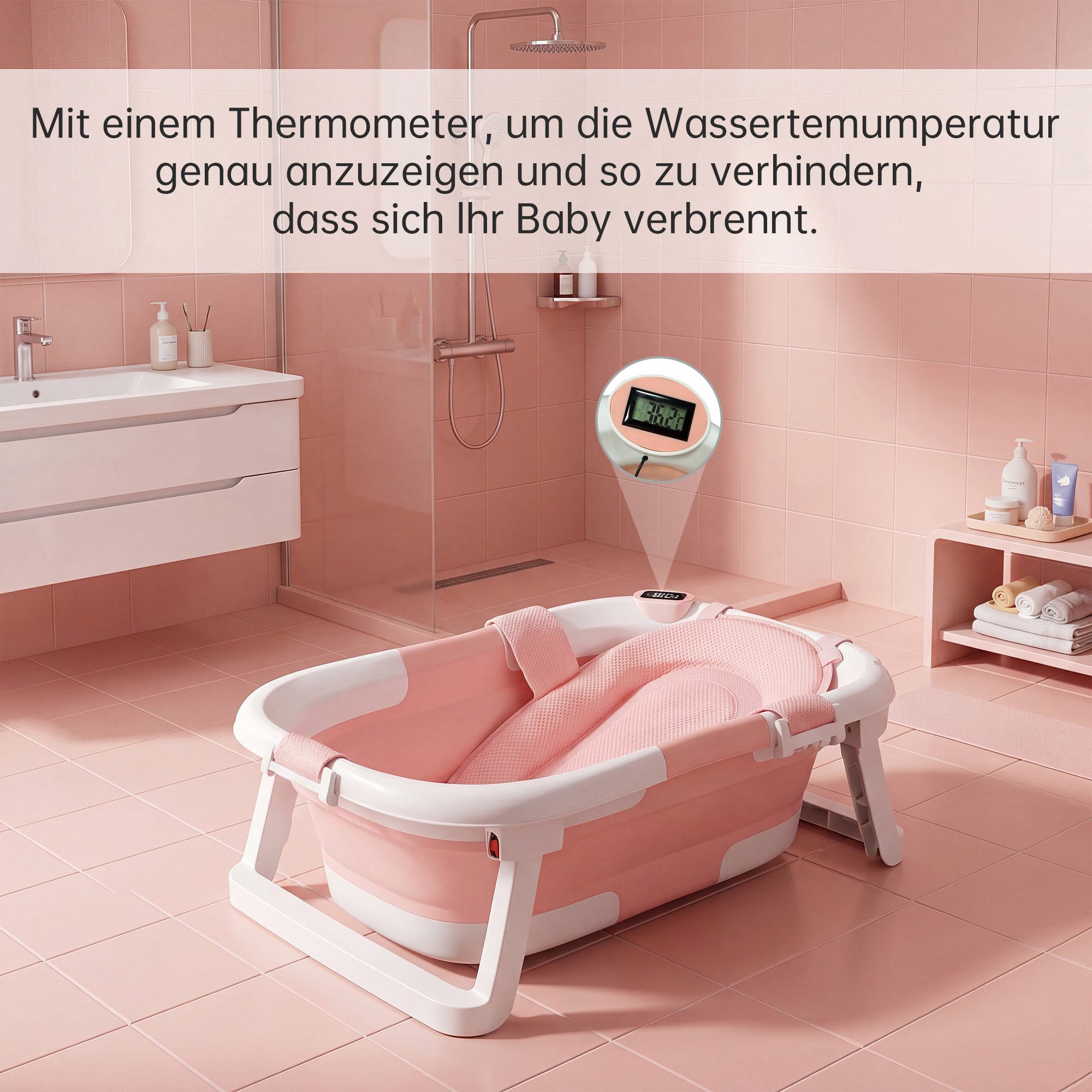 SEHAUSEU Babybadewanne Babywanne Badewanne mit Gestell faltbar, mit Thermometer, mit Abflussschlauch, Badeauflage, Ablagebrett, Haarwaschbecher