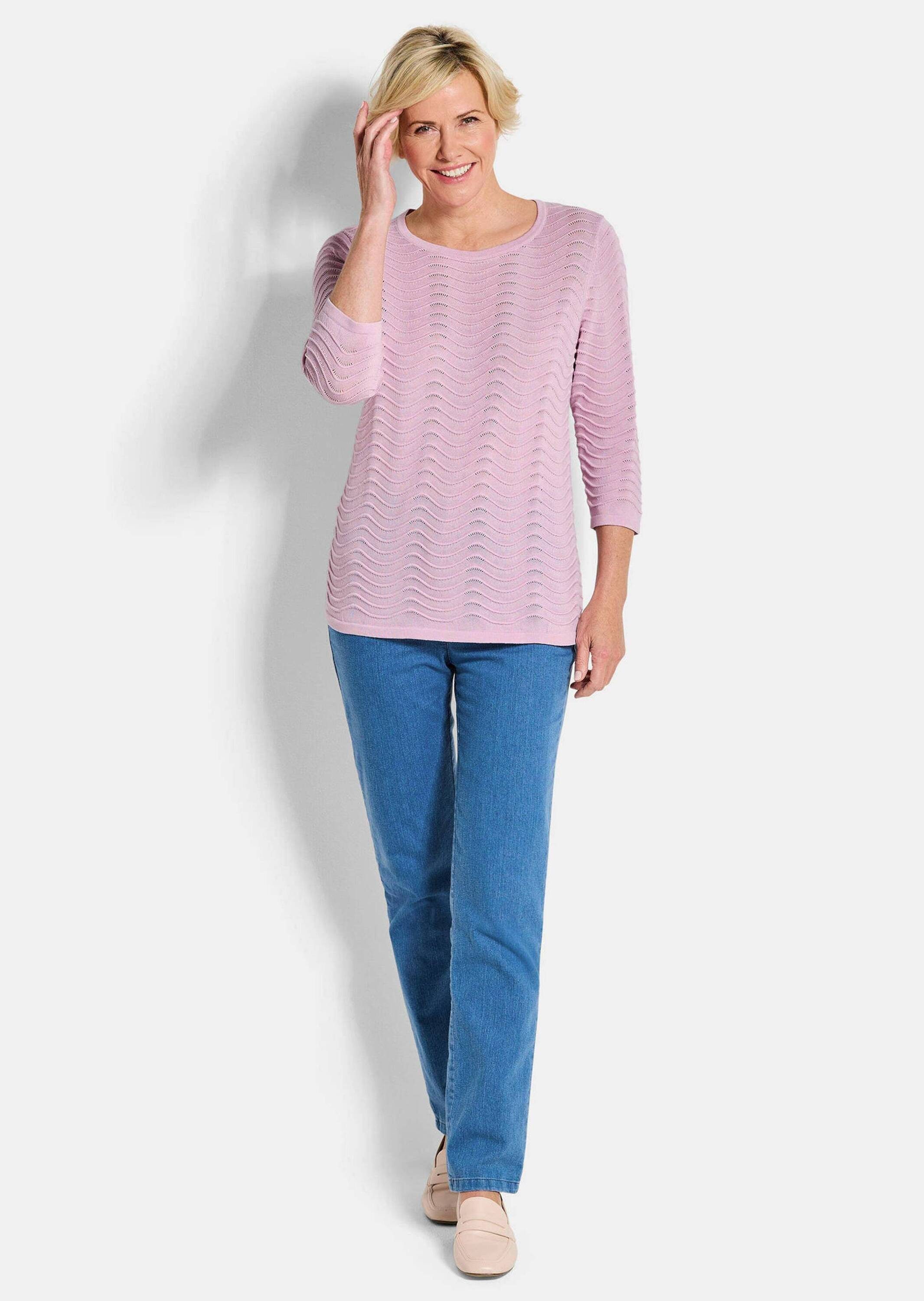 GOLDNER Strickpullover Kurzgröße: Sommerpullover mit Wellenstruktur Baumwollpullover mit Rundhals und 3/4-Ärmeln