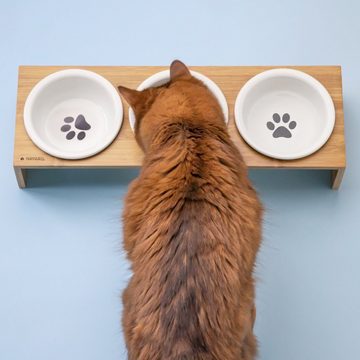 Navaris Tier-Beschäftigungsspielzeug 3x Futternapf mit Bambus Halter - 3er Set Keramiknapf für Katzen/Hunde, Bambus