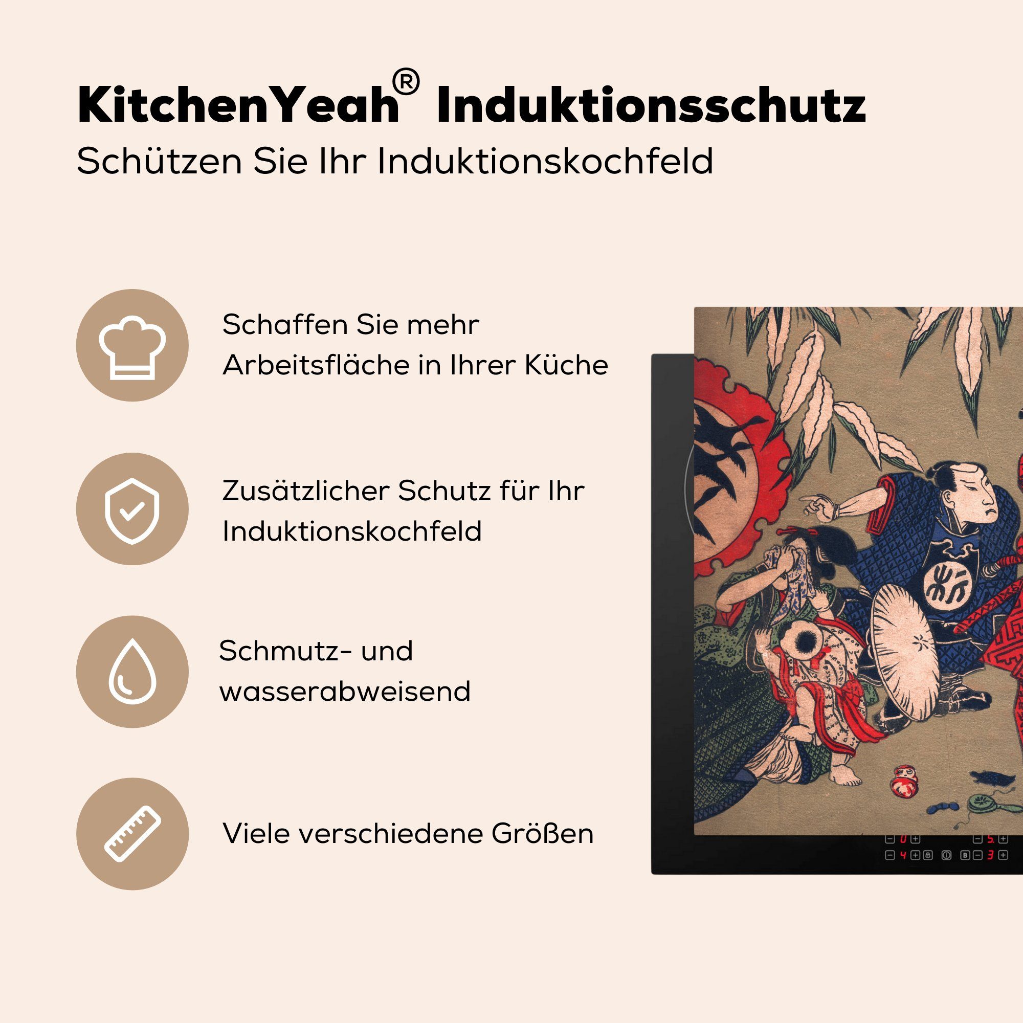 (1 für cm, Vinyl, küche Herdblende-/Abdeckplatte japanischen Samurai, 78x78 eines tlg), Arbeitsplatte MuchoWow Ceranfeldabdeckung, Vintage-Illustration