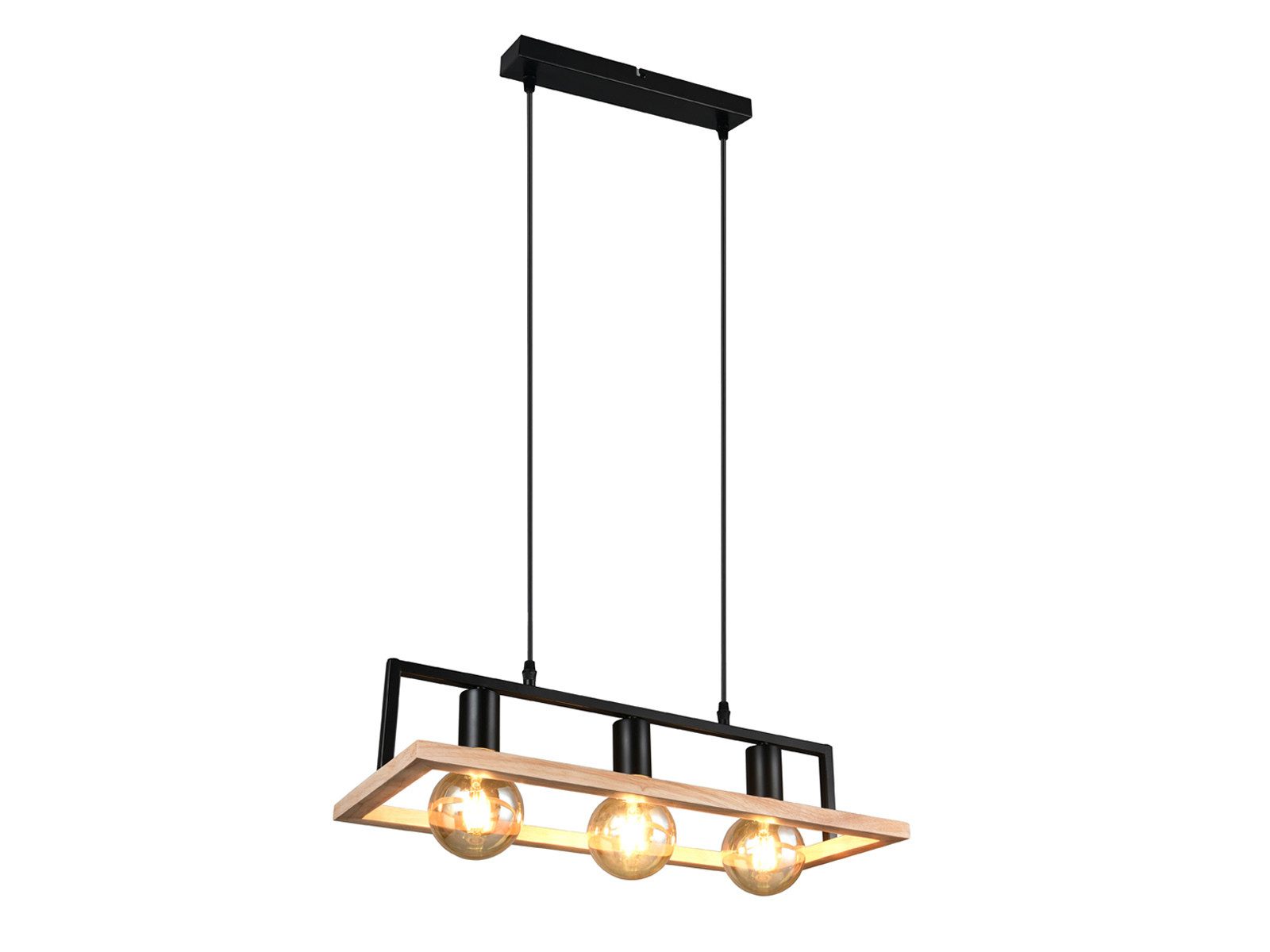 Reality Leuchten LED Pendelleuchte mit Rahmen aus Naturholz Breite 57,5cm, LED wechselbar, warmweiß, ausgefallene Industrial Style Holz-lampe mit Holzbalken für Esstisch