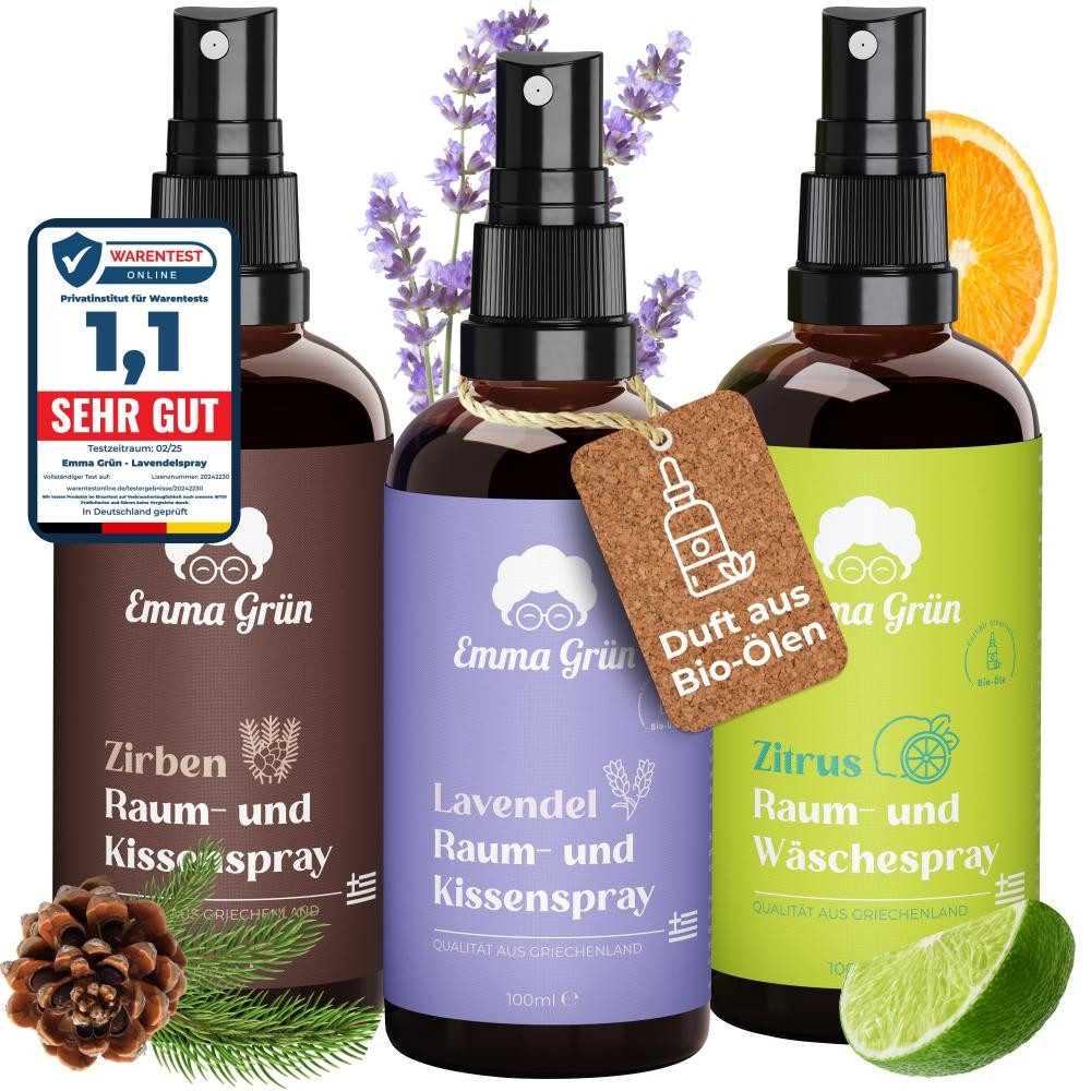 Emma Grün Duftöl Bio Raumspray & Duftspray Set (Raumspray Set, 3x 100ml Raumspray Set: Lavendel, Zirbenholz, Zitrus), Natürlicher Duft, höchste Bio-Qualität
