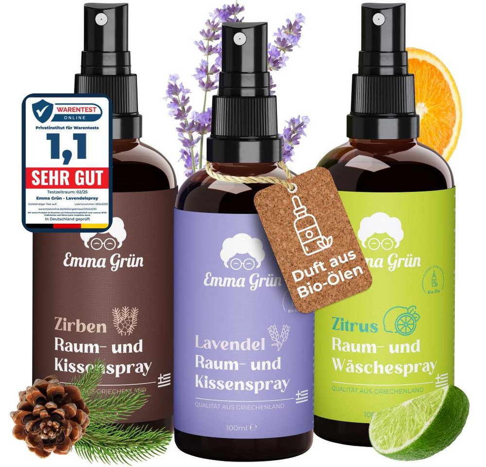Emma Grün Duftöl Bio Raumspray & Duftspray Set (Raumspray Set, 3x 100ml Raumspray Set: Lavendel, Zirbenholz, Zitrus), Natürlicher Duft, höchste Bio-Qualität