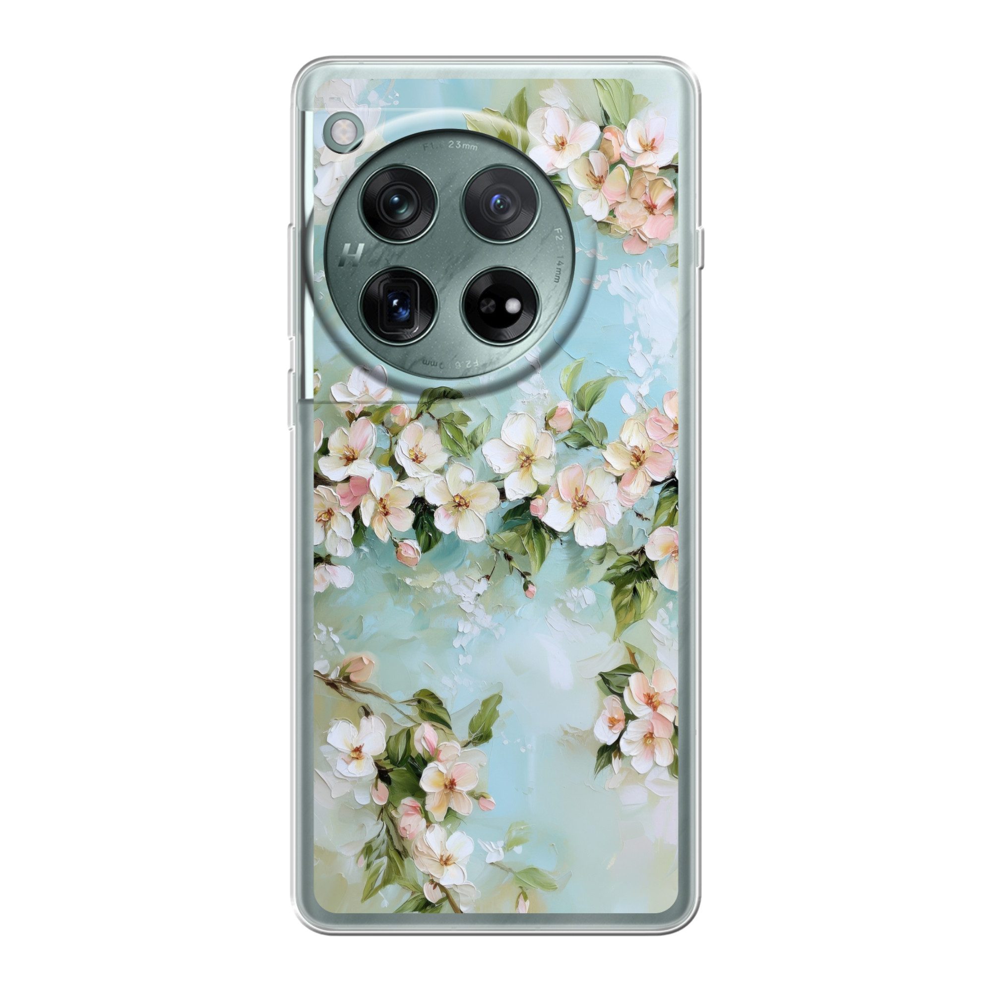 MuchoWow Handyhülle für OnePlus 12 Blossom - Blätter - Hellblau, Handy Case, Silikon, Bumper Case Dünn