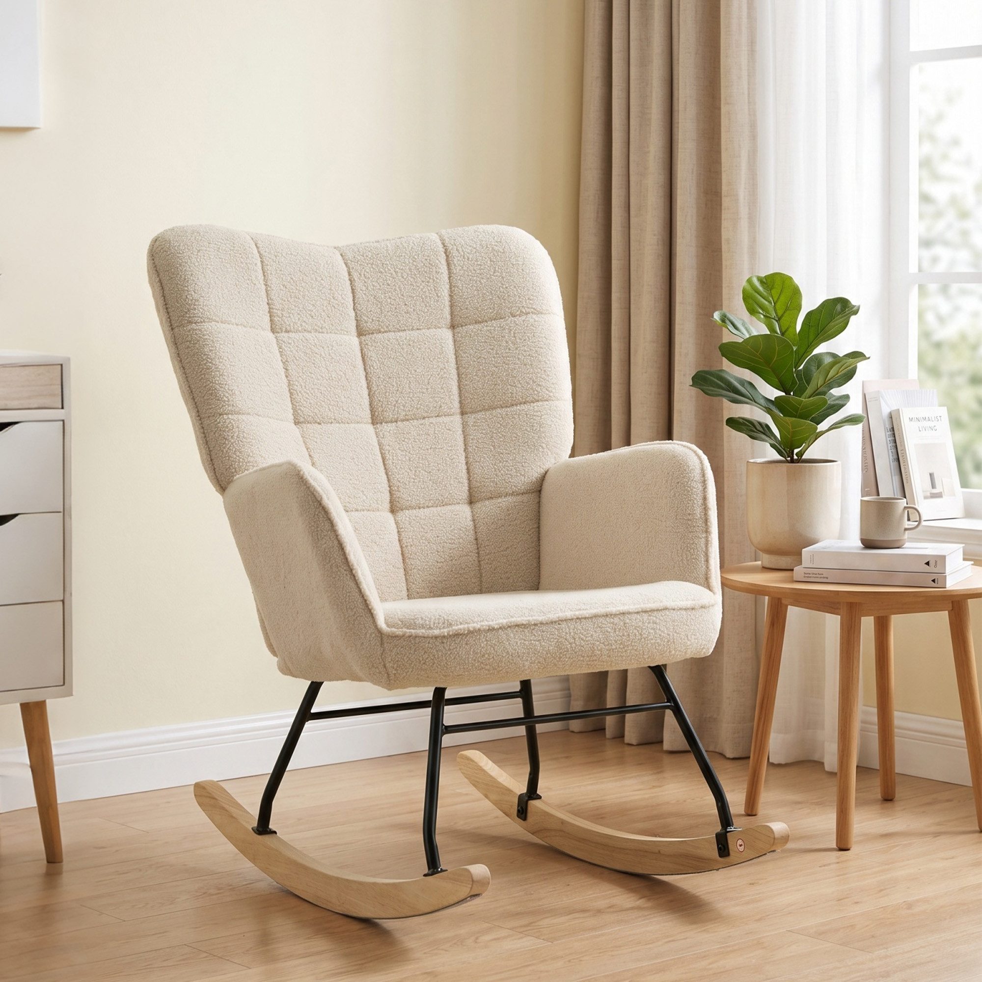 HOMCOM Schaukelstuhl Schaukelsessel, Relaxsessel mit Samtimitat, bis 120kg, Armlehne (Schwingsessel, 1 St), für Wohnzimmer, Beige