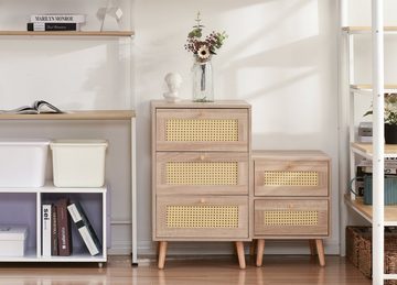 OKWISH Nachttisch Nachtkommode (Beistelltisch Sideboard Kommode), mit 2 Schubladen Eiche Rattan