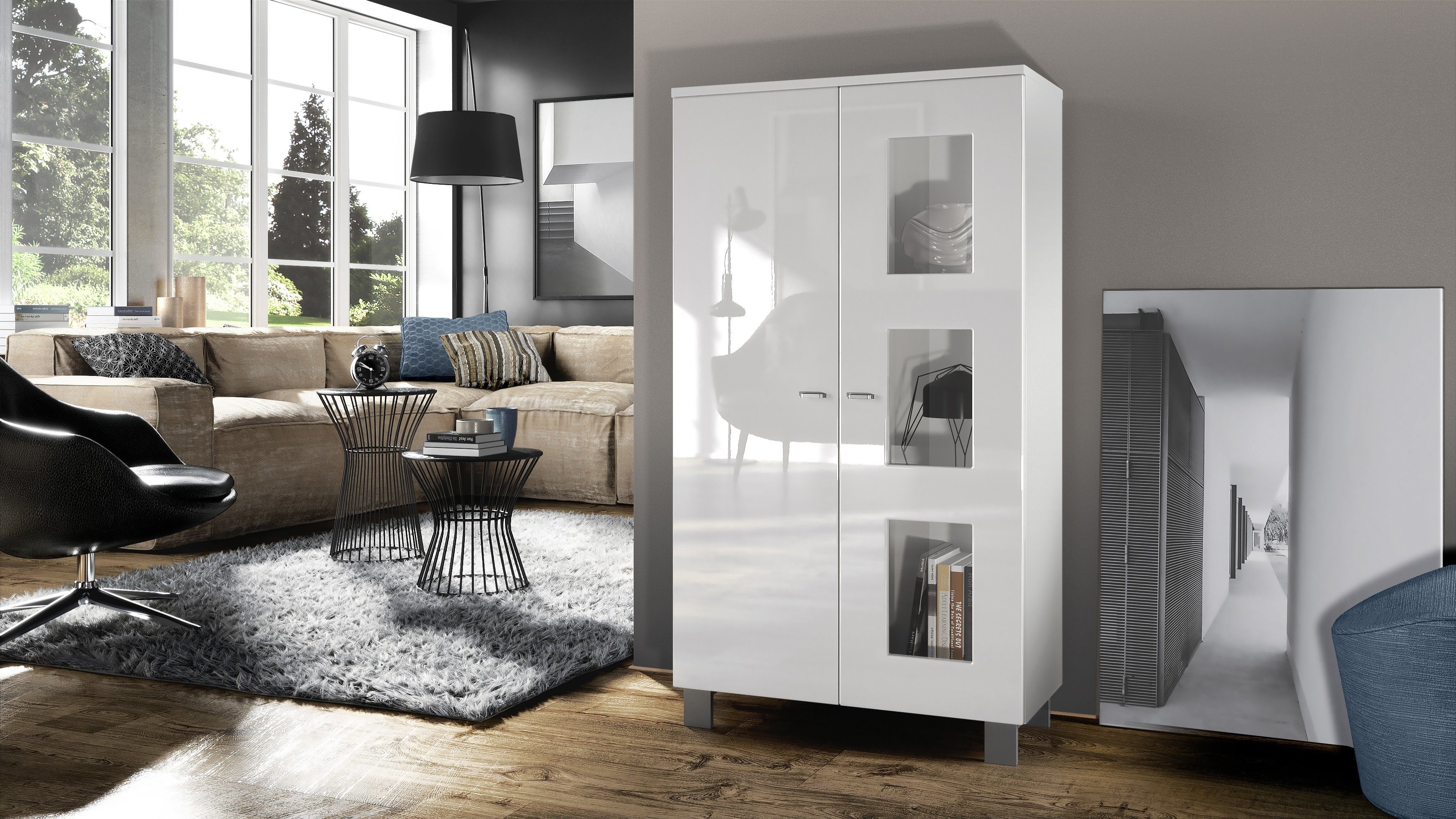 Vladon Standvitrine Denjo (Standvitrine, mit 2 Türen und 3 Glaseinsätzen) Weiß matt/ Weiß Hochglanz (71 x 129 x 35 cm)