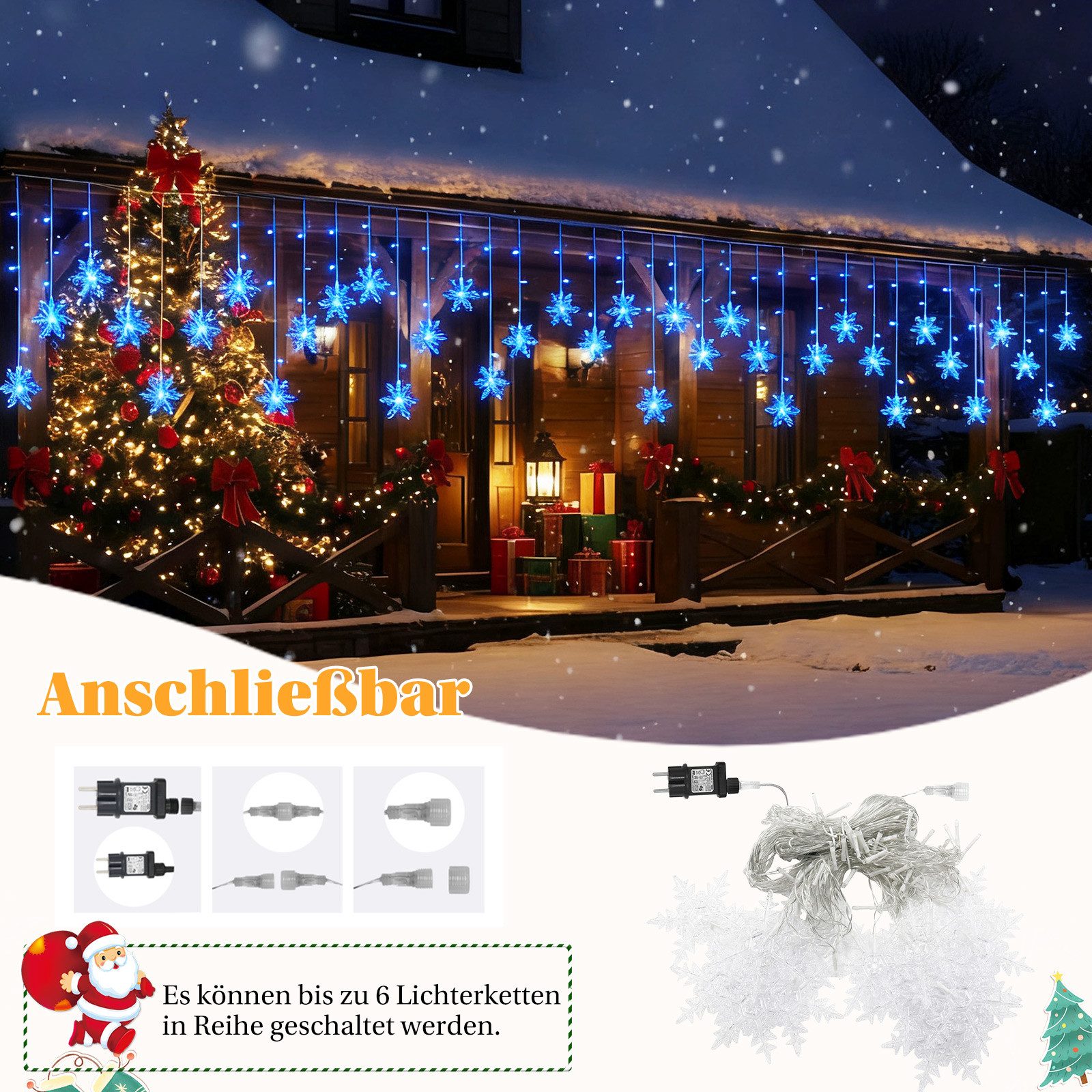 Sunicol Lichterkette Schneeflocke Weihnachtendeko LED Lichtervorhang, 8 Modi, Timer, 1.8M, mit Stecker, Warmweiß, Weiß, Mehrfarbig, Blau