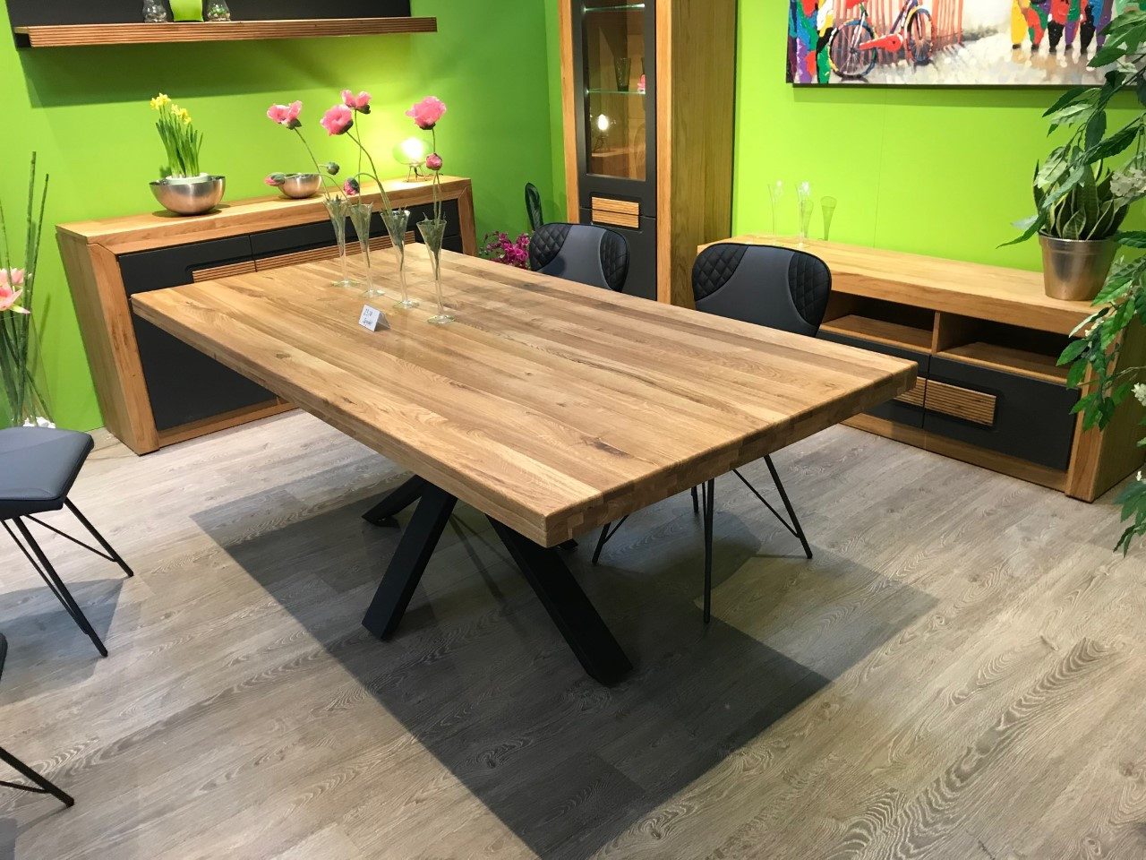 ELFO Esstisch Esstisch Spyder Eiche Massiv durchg. Lamelle 200x100cm Metallgestell, Maße: ca. B 200 x T 100 x H 76 cm