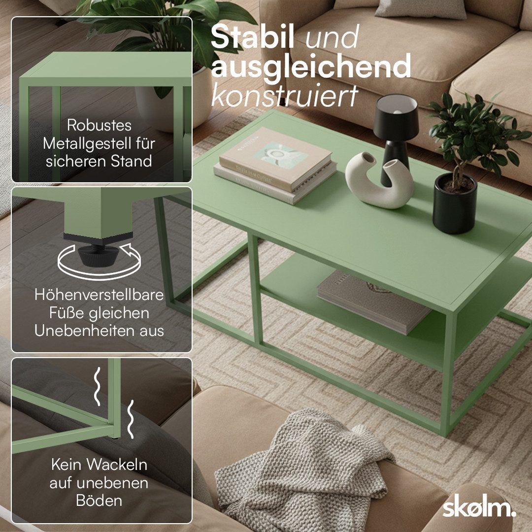skølm Couchtisch Skadi aus Metall mit 2 Ablagen (Mintgrün), Wohnzimmertisch mit verstellbaren Füßen, 45x100x60 cm (HxTxB)