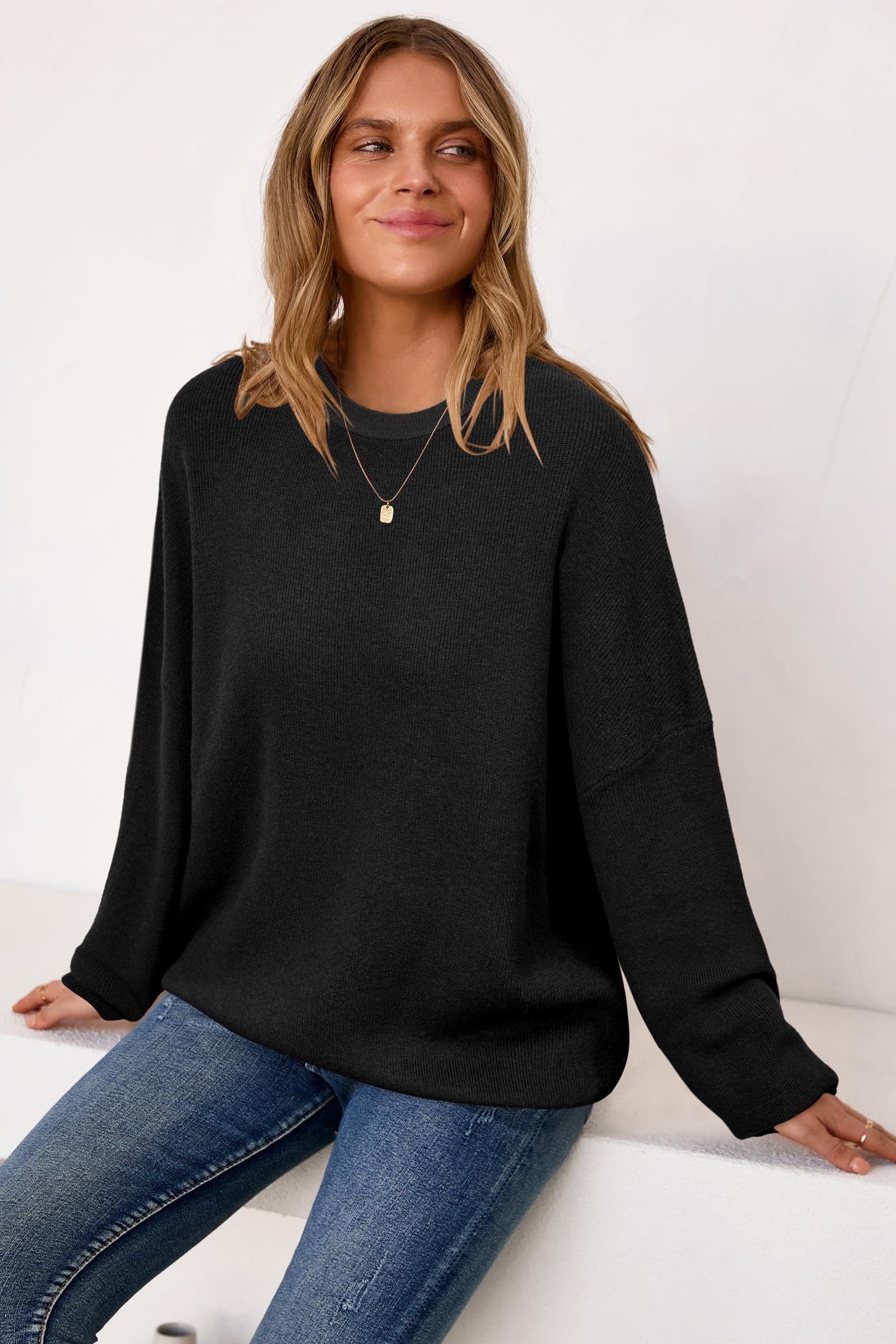 Arach&Cloz Strickpullover Damen Pullover Langarm Wolle Blend Rundhalsausschnitt Strickpullover Oversized Oberteile Strick Tops