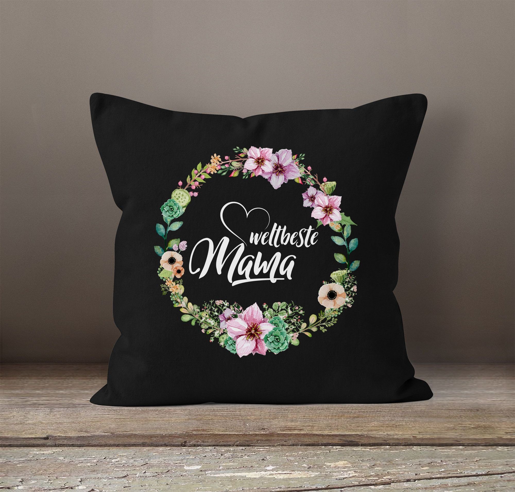 MoonWorks Dekokissen schwarz Baumwolle Mama Geschenk MoonWorks® Muttertag Kissenbezug Weltbeste für Blumen 40x40 Mutter