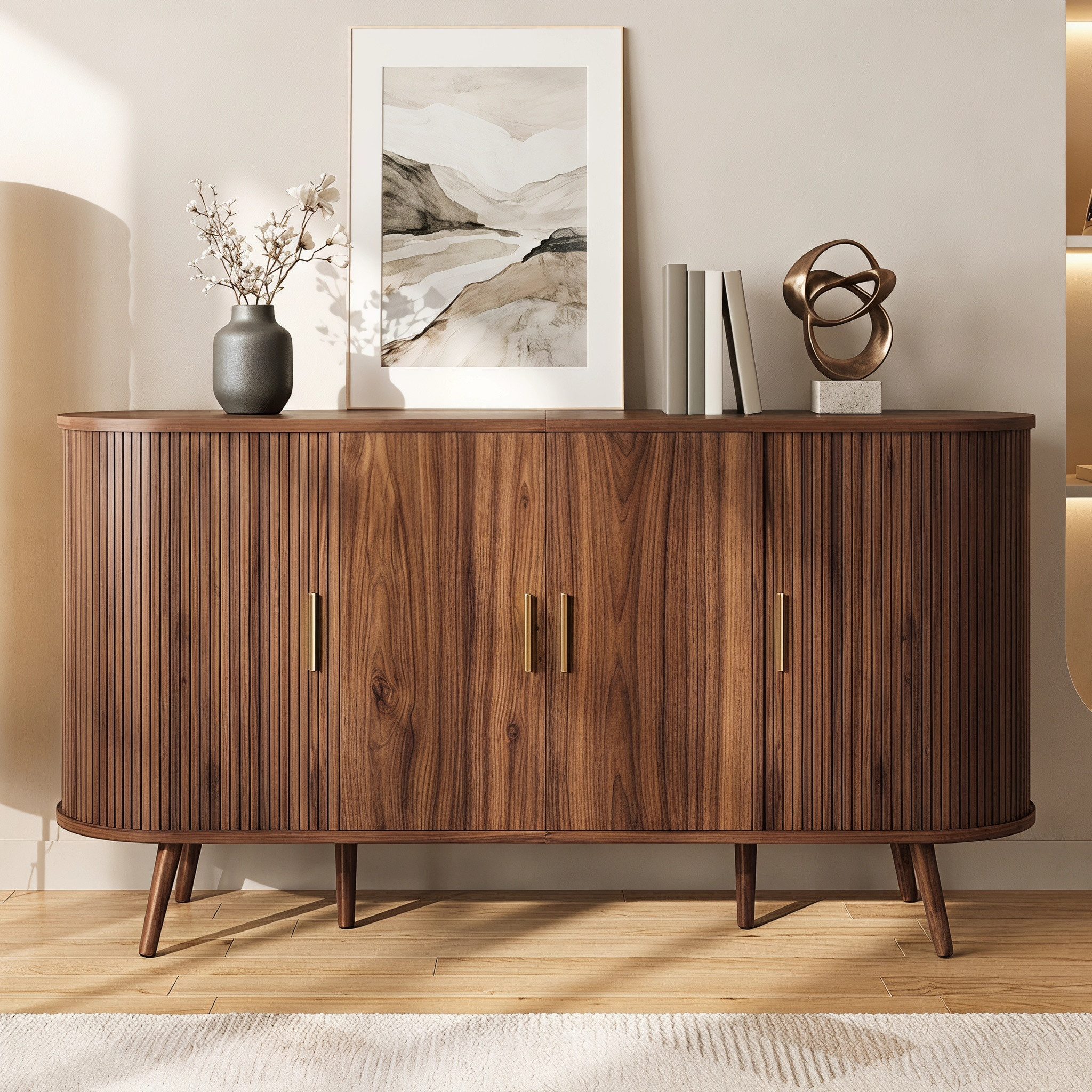 Totnz Sideboard mit 2 Drehtüren und 2 Schiebetüren, mit verstellbarem Einlegeboden (Rillendesign, Metallgriffen und Massivholzbeinen), für Esszimmer und Flur