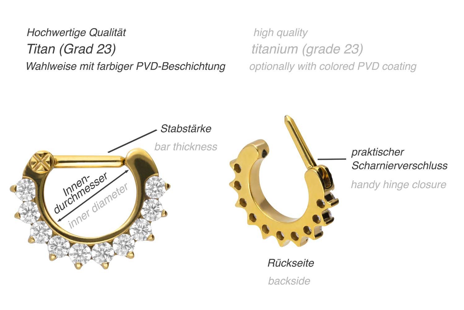 PIERCINGLINE Nasenpiercing Titan Clicker 10 KRISTALLE Ohrpiercing Septum Nase (Clicker, 1-tlg), Ohrpiercing für Conch, Helix, Tragus, Daith, Lobe