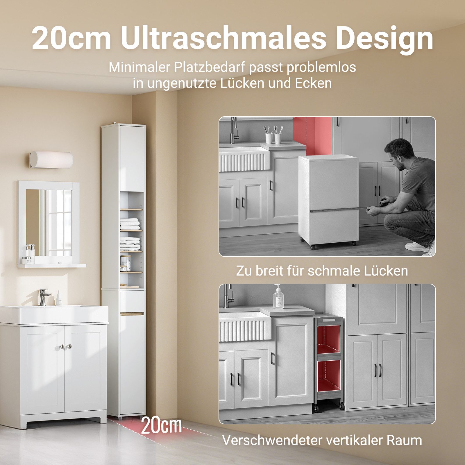 SoBuy Hochschrank BZR34 Badezimmerschrank Hochschrank Schmal Badschrank für kleine Bäder Badkommode, mit verstellbare Ablagen Platzsparender, Waschbecken, WC