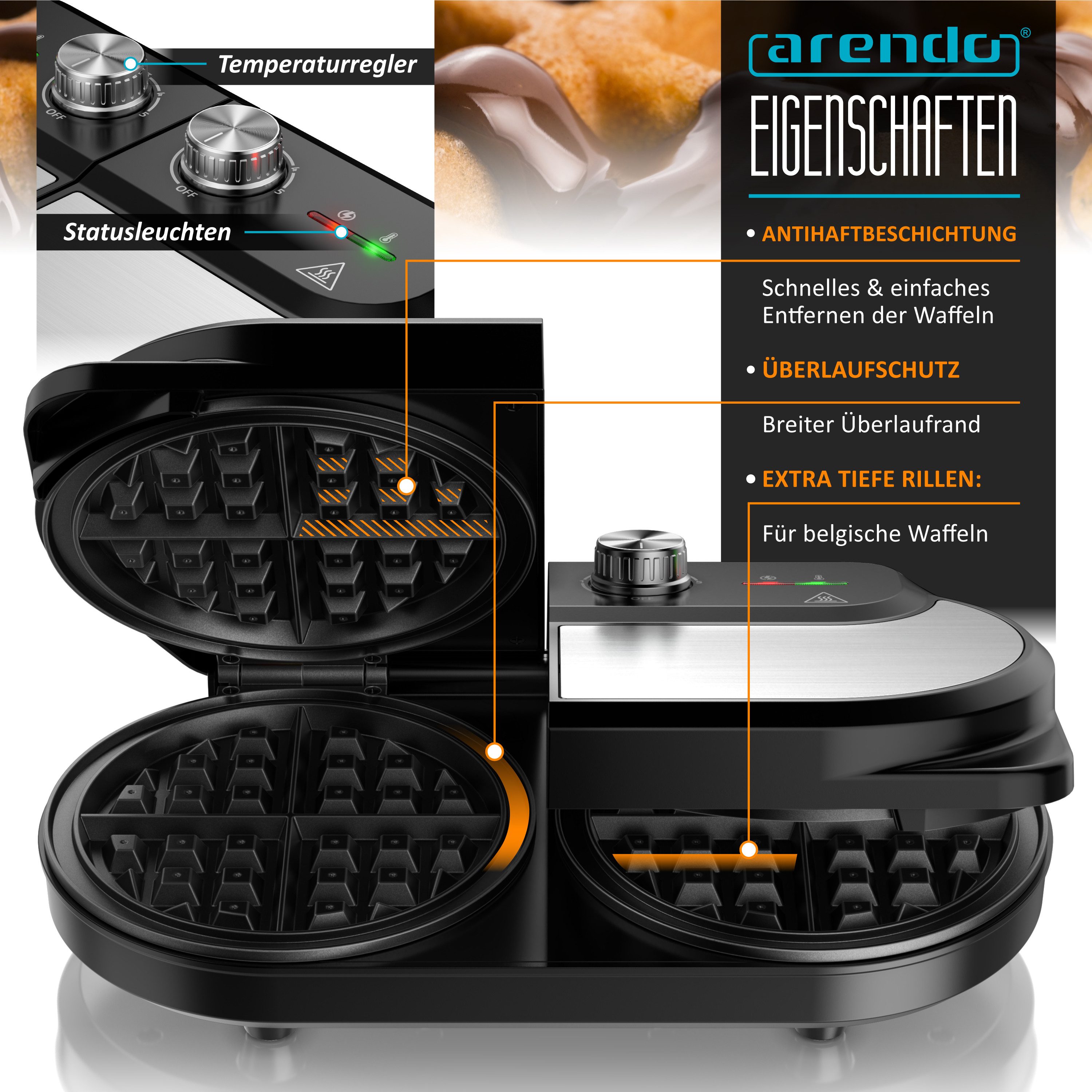 Arendo Waffeleisen Waffeleisen doppelt für 2 Belgische Waffeln, 1400 W, Temperaturregler, 1400 W, 2 Zonen, Antihaftbeschichtung, Edelstahl, silber/schwarz, BPA-frei