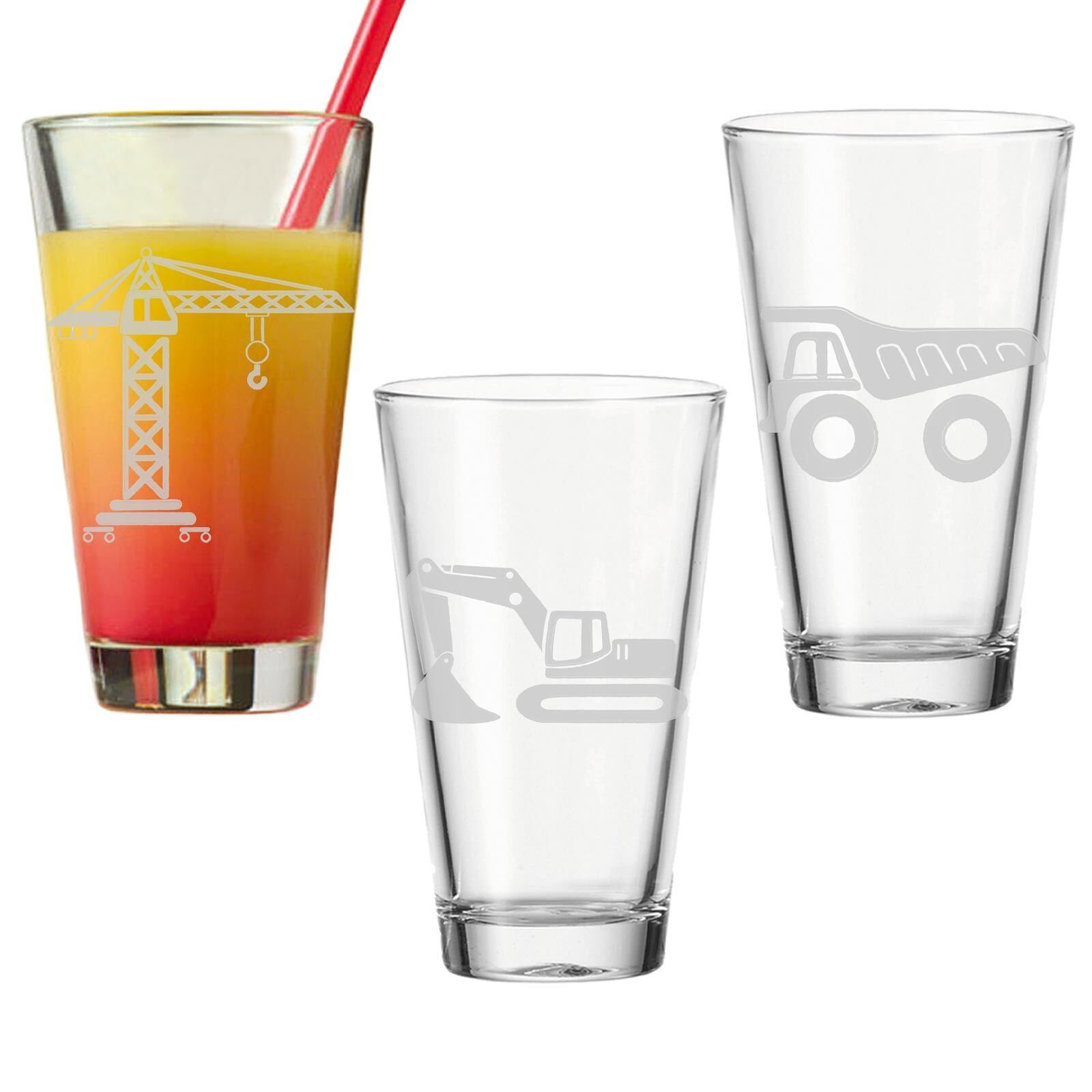 LUXENTU Kinderbecher Baustellenfahrzeuge Kinderbecher 300 ml 3er Set, 3-tlg., Glas