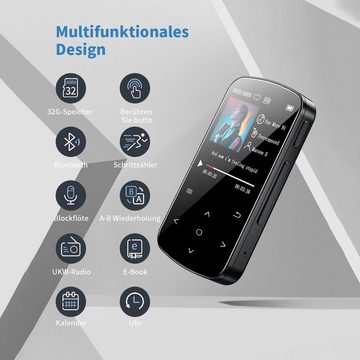 yozhiqu 32 GB Bluetooth-MP3-Player mit Touchscreen, tragbarer Musikplayer MP3-Player (mit Schrittzähler, FM-Radio, Mini-Stereo-Bluetooth-Lautsprecher)