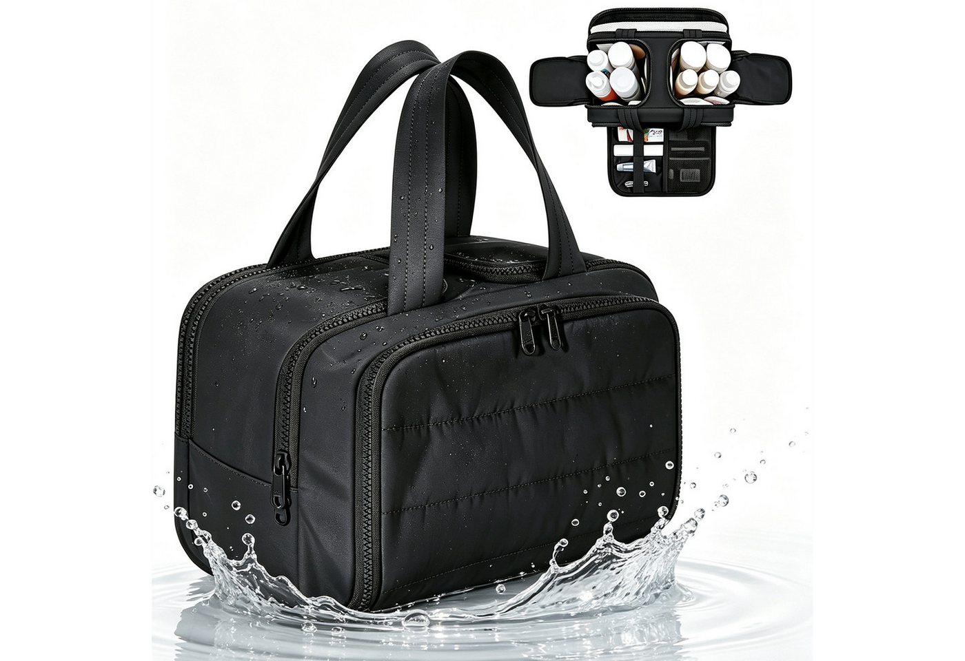 ibettertec Kulturbeutel Reise Kulturtasche Damen Herren Große,Weit Offene Reise-Kulturbeutel (Kosmetiktasche Make up Organizer mit Griff für Zubehör,Essentials,Toilettenartikel, Schwarz)