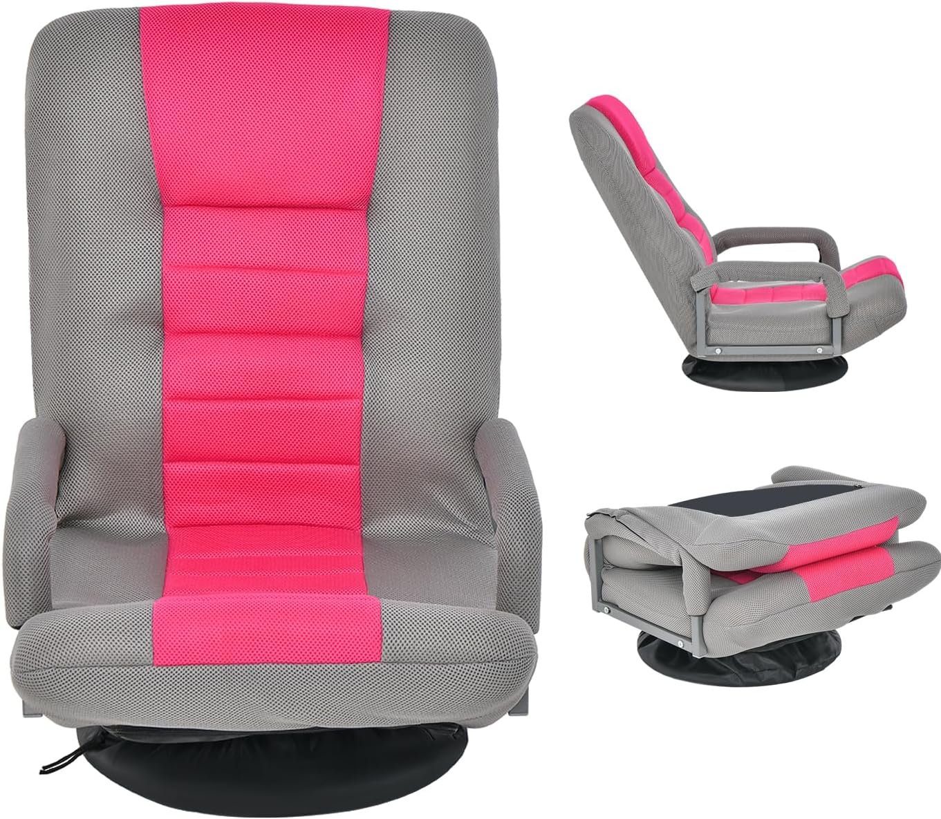 KOMFOTTEU Klappstuhl Bodenstuhl mit Verstellbarer Rückenlehne, mit Armlehne grau+rosa