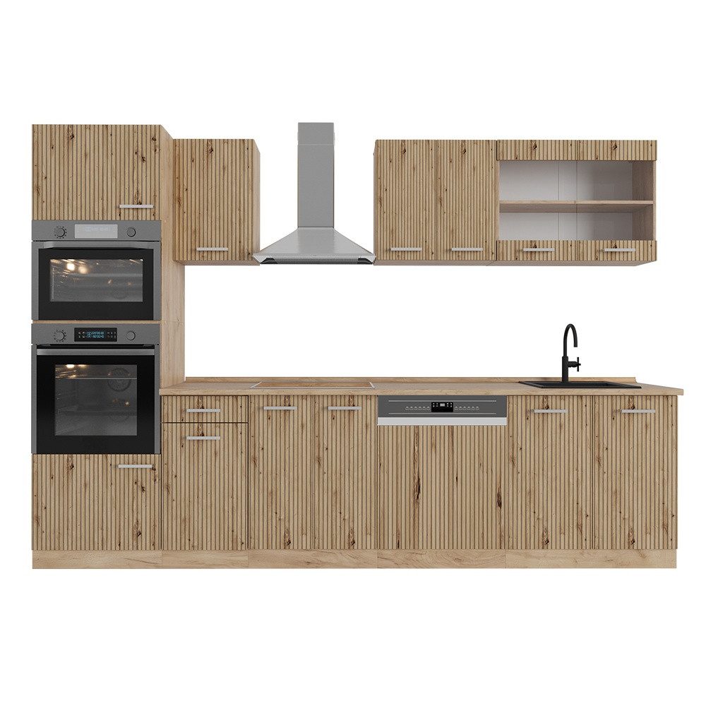 Vicco Küchenzeile R-Line, Artisan-Eiche/Goldkraft Eiche, 300 cm mit Hochschrank, ohne...