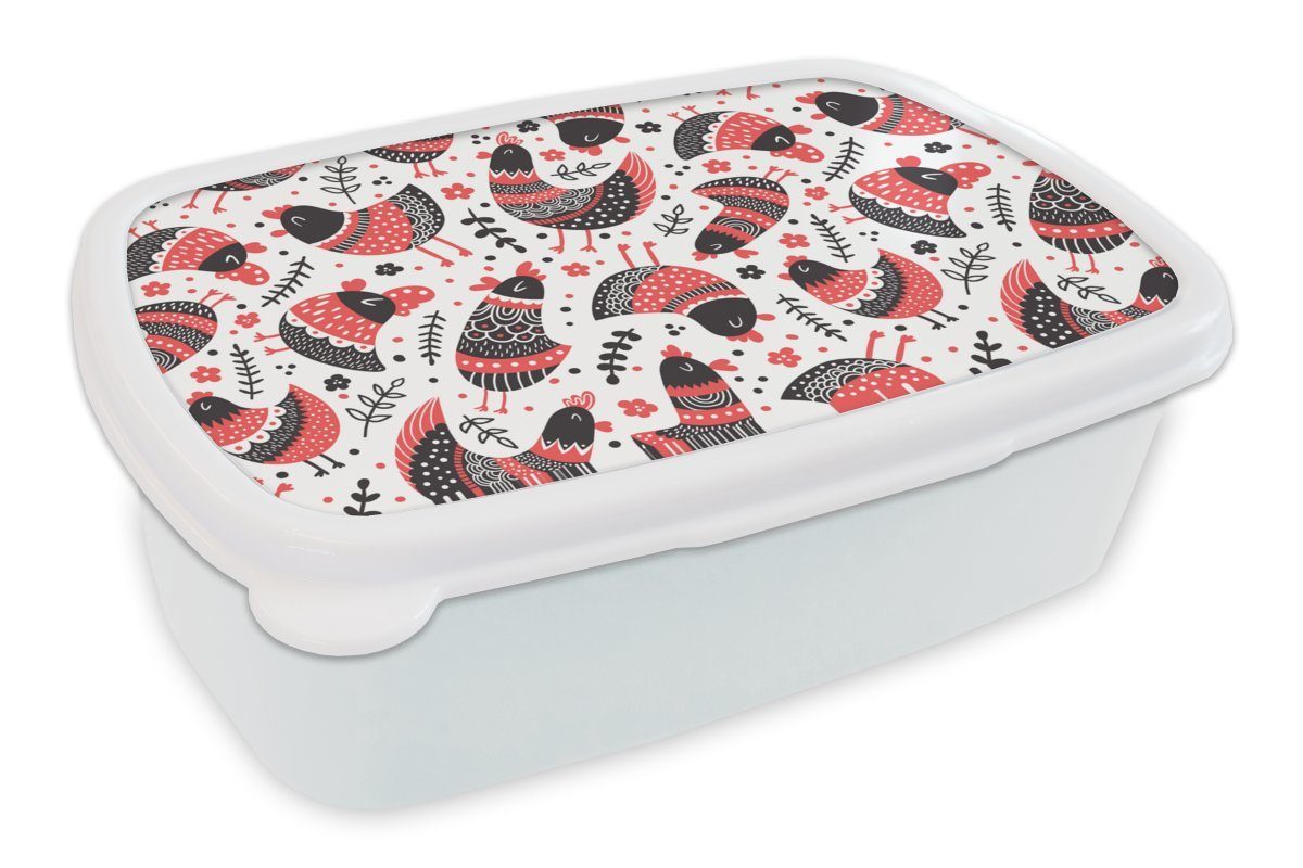 MuchoWow Lunchbox Vogel - Huhn - Muster, Kunststoff, (2-tlg), Brotbox für Kinder und Erwachsene, Brotdose, für Jungs und Mädchen weiß