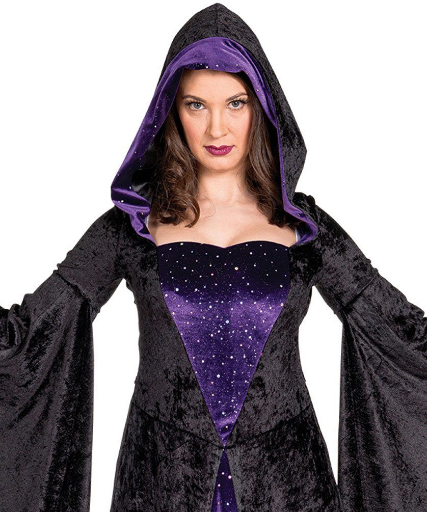 Karneval-Klamotten Zauberer-Kostüm Zaubererin Damen Magierin Kapuzenkleid, Halloween Märchen Damenkostüm