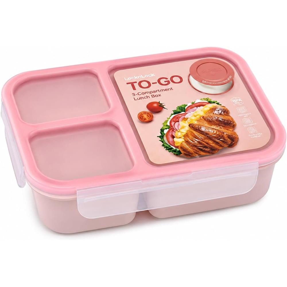 LocknLock Lunchbox 3-Fächer-Brotdose 980 ml + Soßenbehälter, Polypropylen (PP), 3 Fächer, Saucenbehälter, auslaufsicher, leicht, BPA-frei