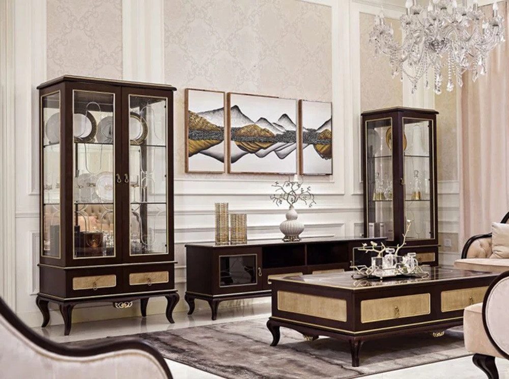 Sideboard Elegantes Wohnwand-Set mit Vitrinen und TV-Lowboard in Hochglanz Weiß