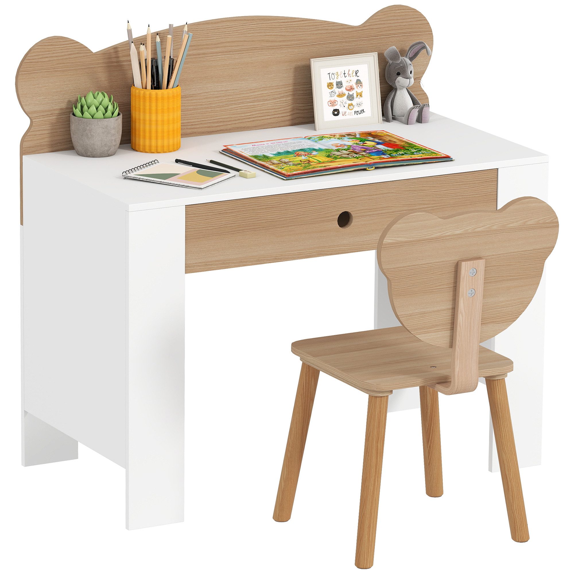 AIYAPLAY Kindertisch Kindertisch Schülerschreibtisch mit Schublade mit Bärenform (Kinderschreibtisch Set, 2-St., Kinder Schreibtisch und Stuhl), Jugendschreibtisch für Jungs & Mädchen Naturholz
