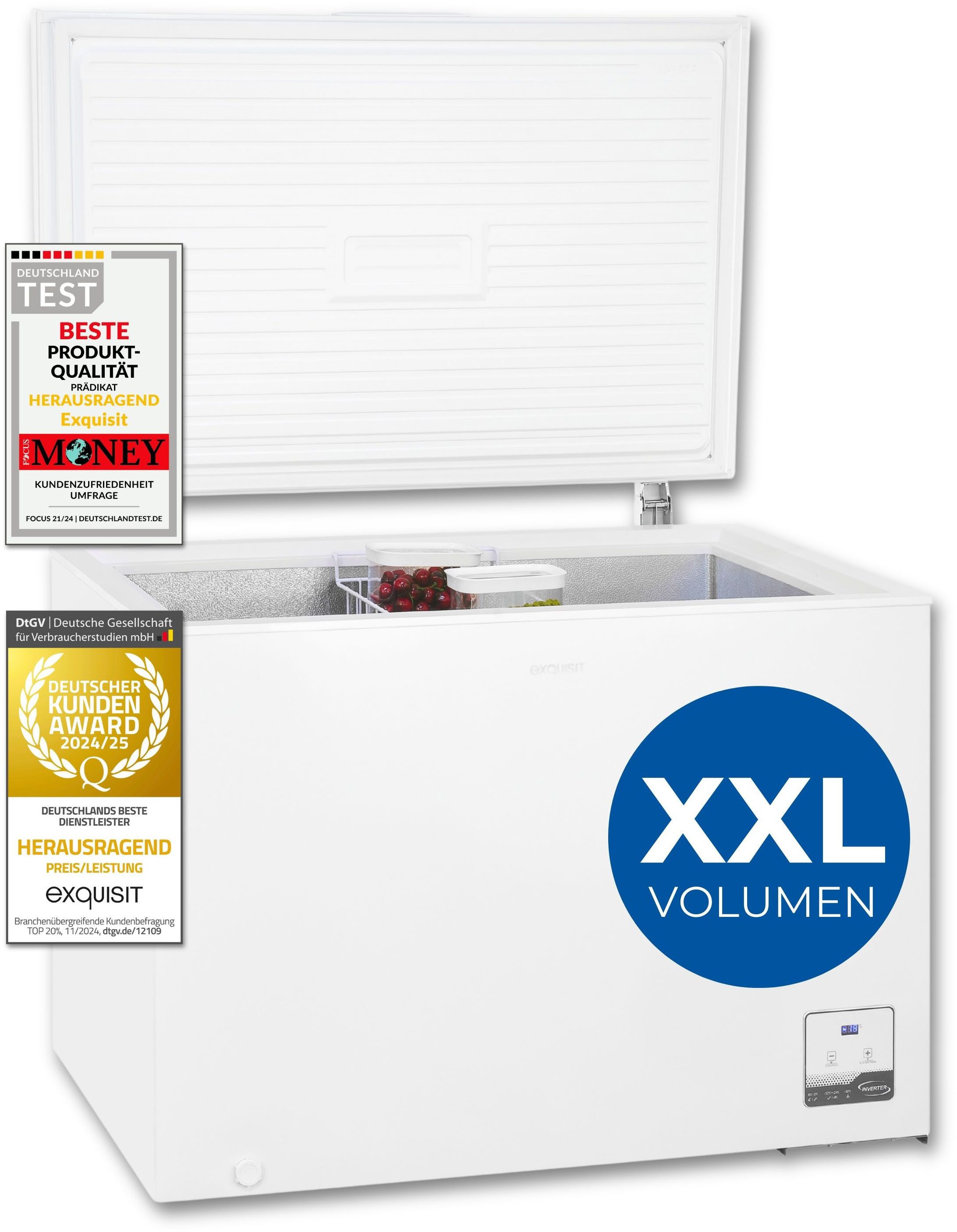 exquisit Gefriertruhe GT300-050C weiss, 105,5 cm breit, 292 l, 2-in-1 Gefrier-/Kühltruhe mit LED mit ergonomischer Griffmulde