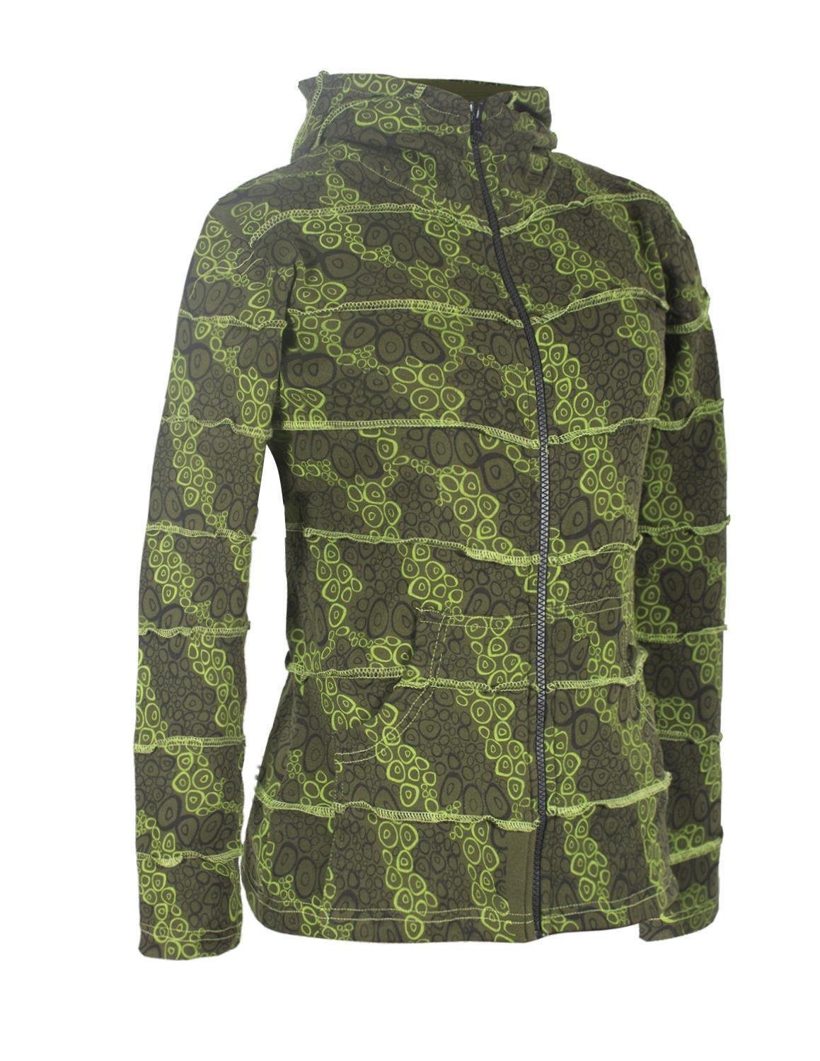 Hippie, olive Boho Jacke Vishes Patchwork Kapuzensweatjacke mit Style Elfen, Goa, Bedruckte Zipfelkapuze